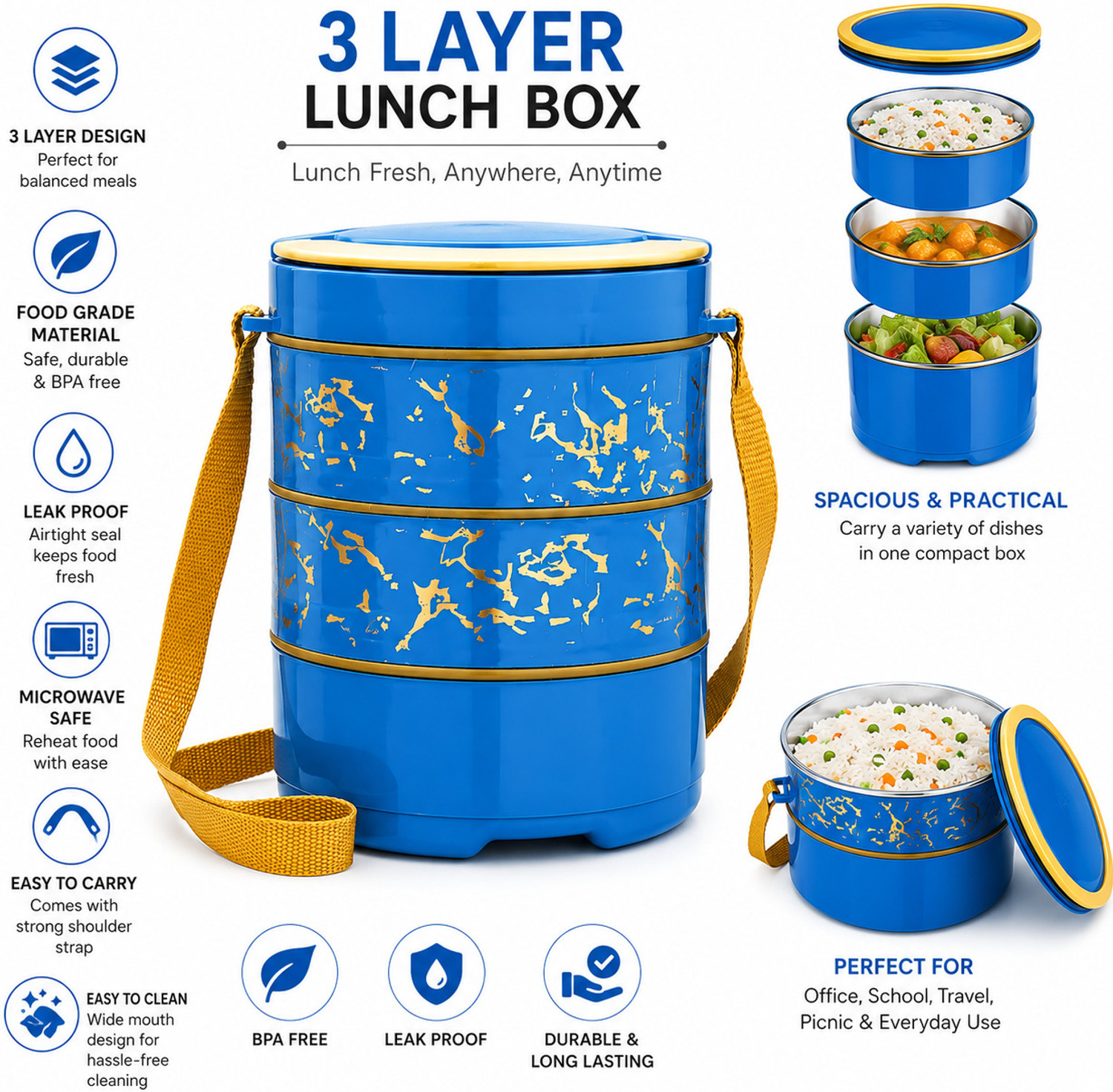 Image of liaata tiffin 3 Containers Plastic, Stainless Steel School Lunch Box