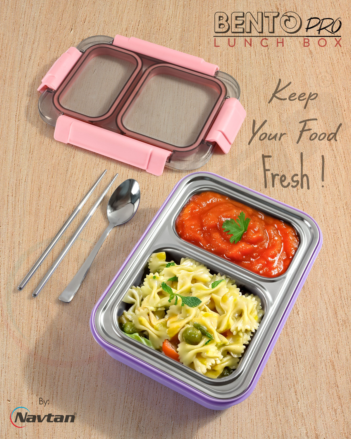 Image of NAVTAN Bento Pro 2 Section Lunch Box | Stainless Steel | Air Tight | Spoon & Chopsticks 2 Containers Stainless Steel College Lunch Box