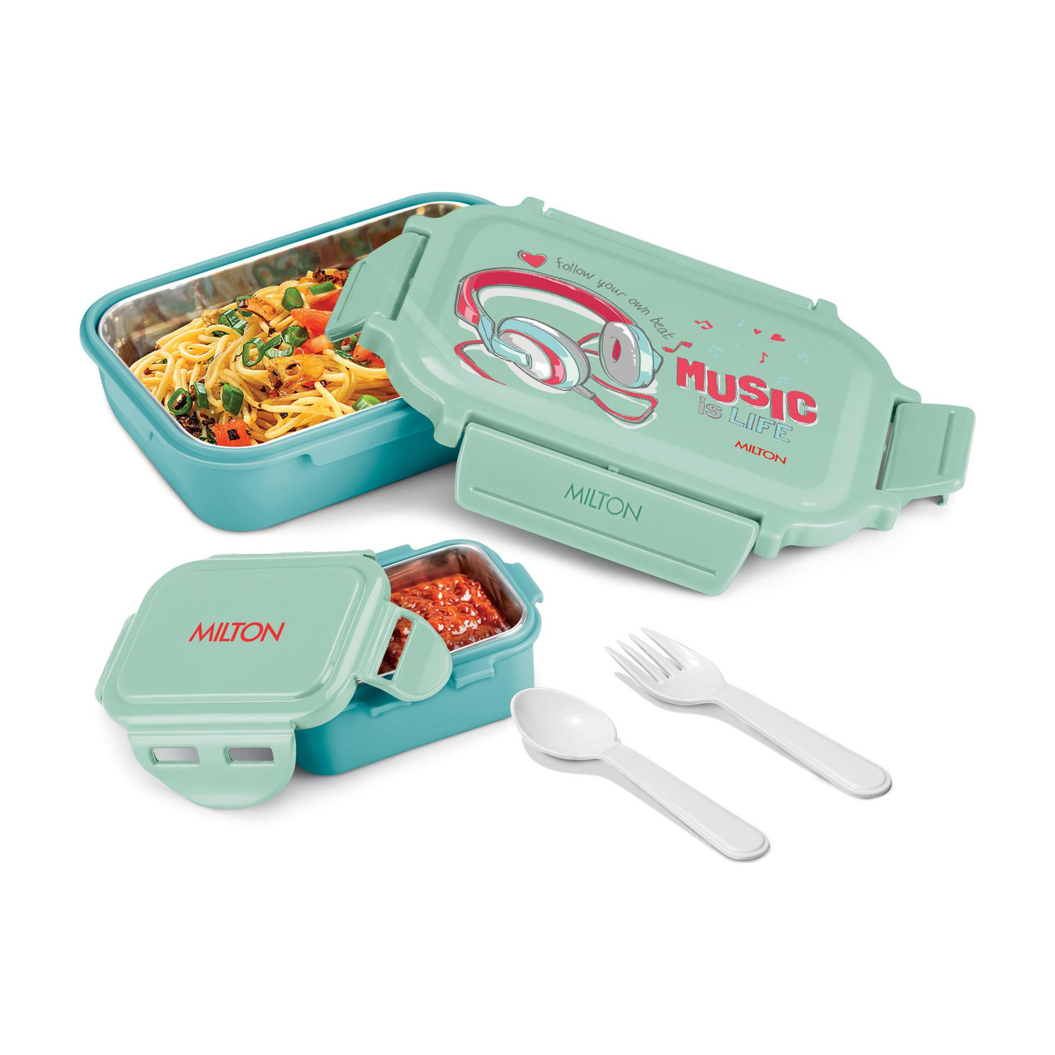 Image of MILTON Sherry Steel Tiffin Lunch Box with inner Steel Container, Spoon & Fork Sky Blue 2 Containers Plastic School Lunch Box (520 ml)