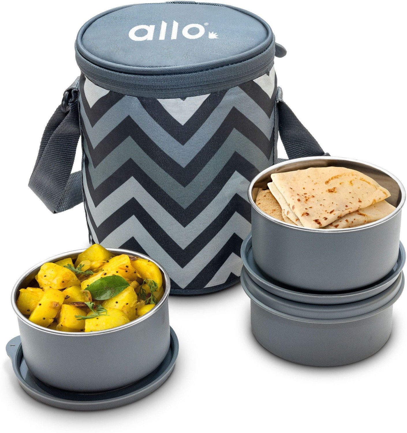 Image of Allo Stainless Steel Lunch Box for Office with Bag, Microwave Safe AirTight, Set of 3 3 Containers Stainless Steel College Lunch Box