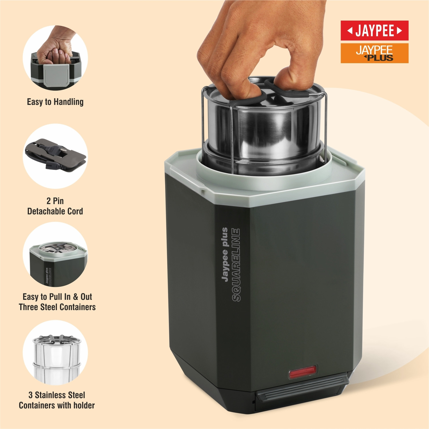 Image of Jaypee Plus SQUARELINE Office Electric Lunch box with 3 steel containers with Power Cord 3 Containers Stainless Steel, Plastic Office Lunch Box (350 ml)