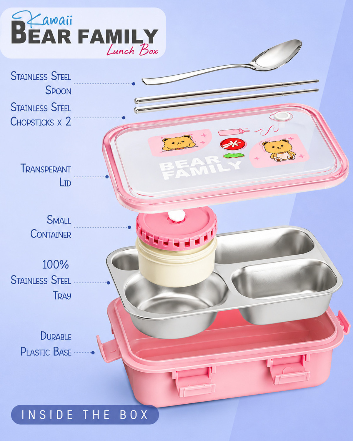 Image of Pretty Pearl Kawaii Bear Family Steel Lunch Box Spoon & Chopsticks 3 Containers Stainless Steel School Lunch Box