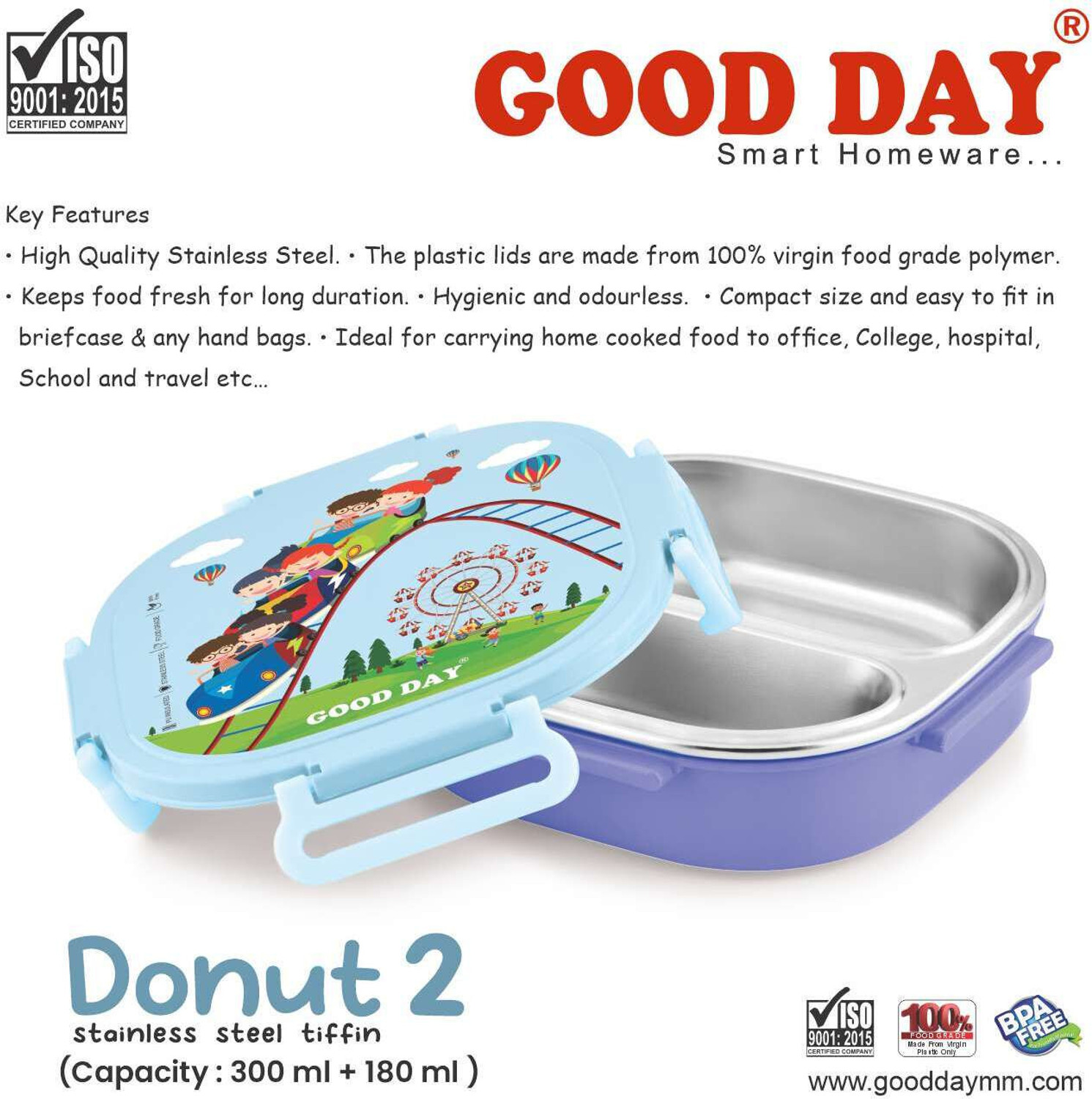 Image of Good Day Donut 2 Insulated Steel Tiffin With Spoon For Kids, School 2 Containers Stainless Steel School Lunch Box