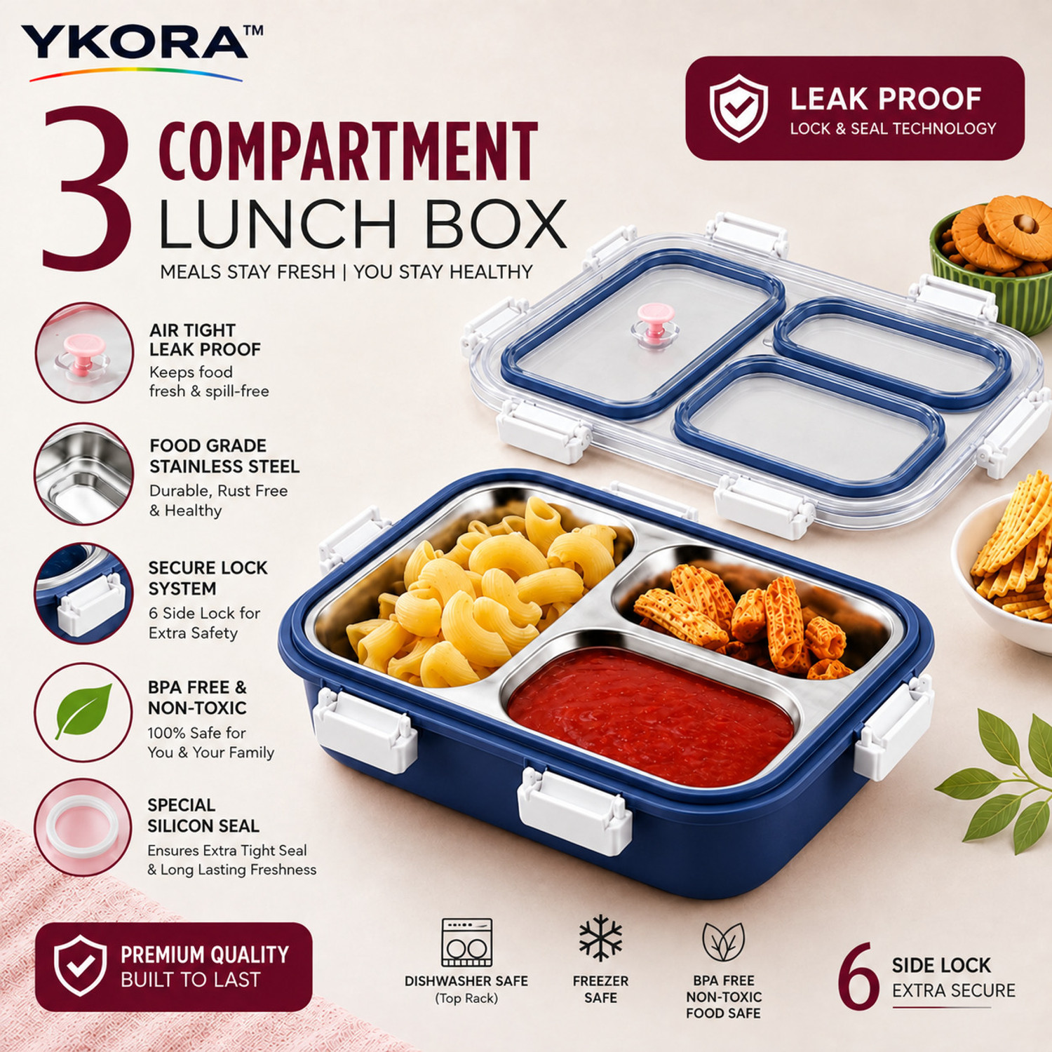 Image of YKORA 3-COMPARTMENT STAINLESS STEEL LUNCH BOX 700+400ML 3 Containers Plastic, Stainless Steel School Lunch Box (1100 ml)