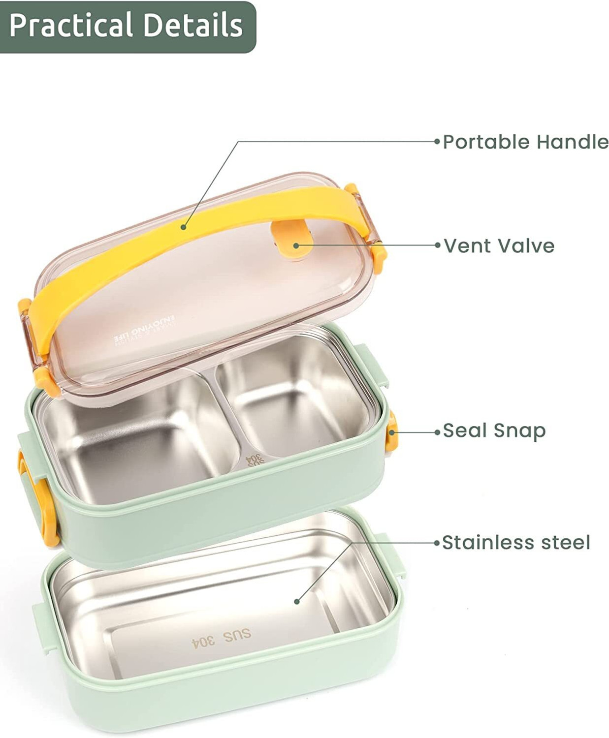 Image of UniKart Bento Lunch Box,2 Stackable Containers Leak-Proof for Office, School, Picnic 3 Containers Stainless Steel, Polypropylene Office Lunch Box
