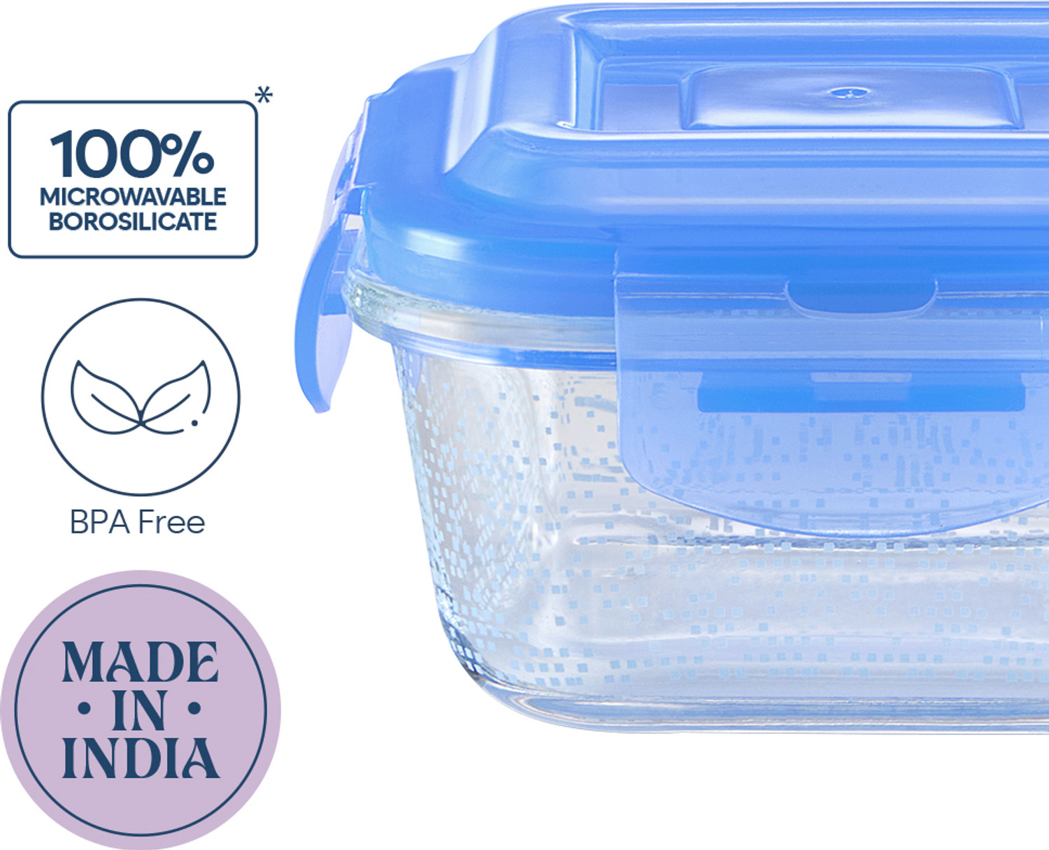 Image of Larah by Borosil Speckle Blue Borosilicate Glass Lunchbox, 2pc Square Set (320ml x 2) Vertical 2 Containers Glass Office Lunch Box