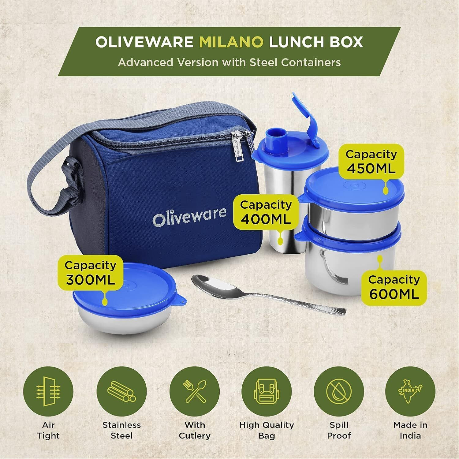 Image of Oliveware Milano 3 Containers Stainless Steel Office Lunch Box