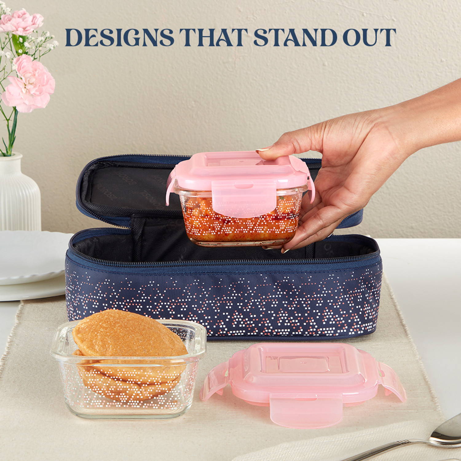 Image of Larah by Borosil Speckle Pink Borosilicate Glass Tiffin, (320ml x 2) Horizontal, Square 2 Containers Glass Office Lunch Box
