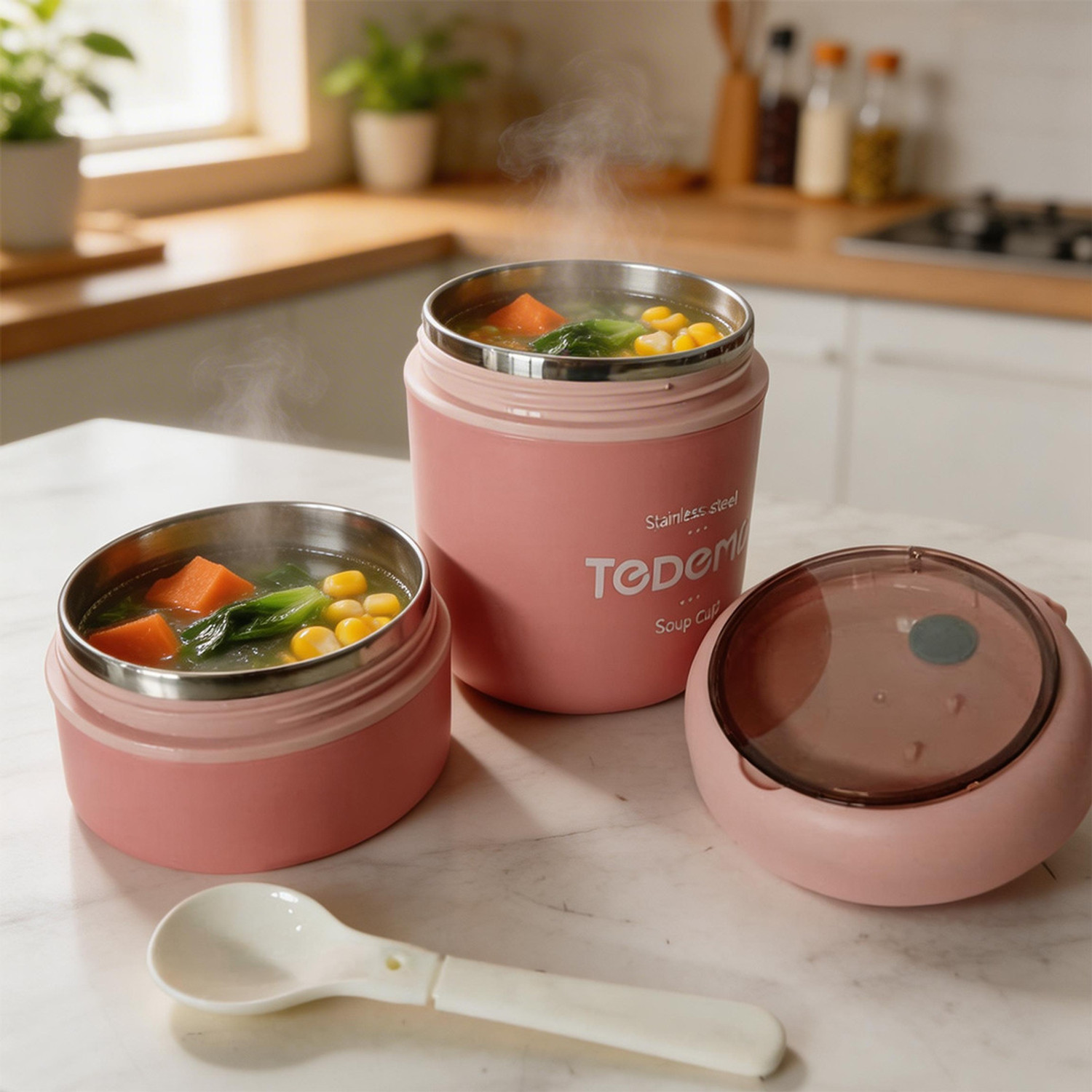 Image of BLLUEX Insulated Leakproof Soup Cup & Thermal Lunch Box with Spoon - for Kids & Adults 2 Containers Stainless Steel, Plastic School Lunch Box