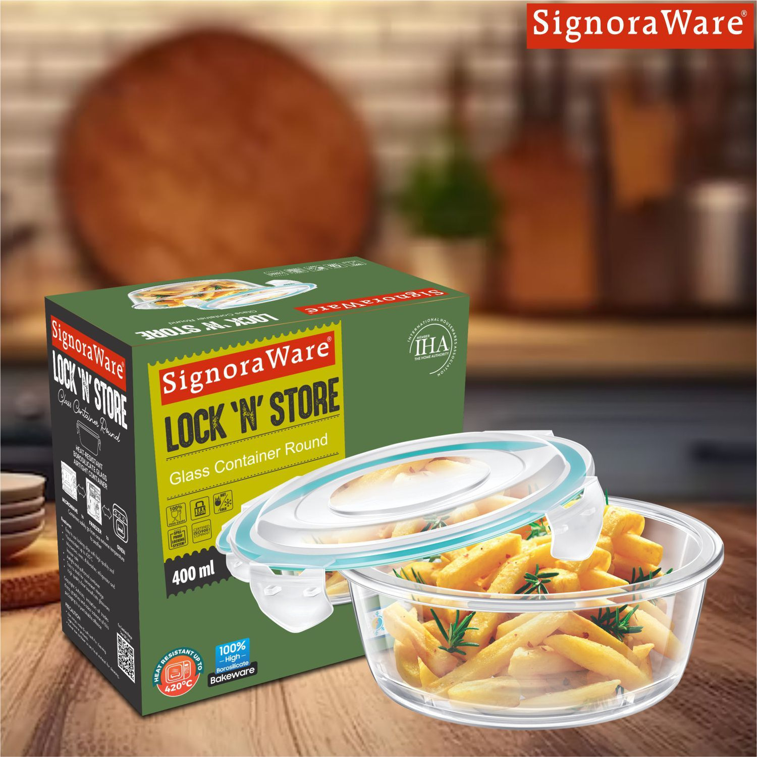 Image of Signoraware Airtight Glass Lunch Box Home Office Fridge Food Container Indoor Outdoor Use 1 Containers Glass Office Lunch Box (400 ml)
