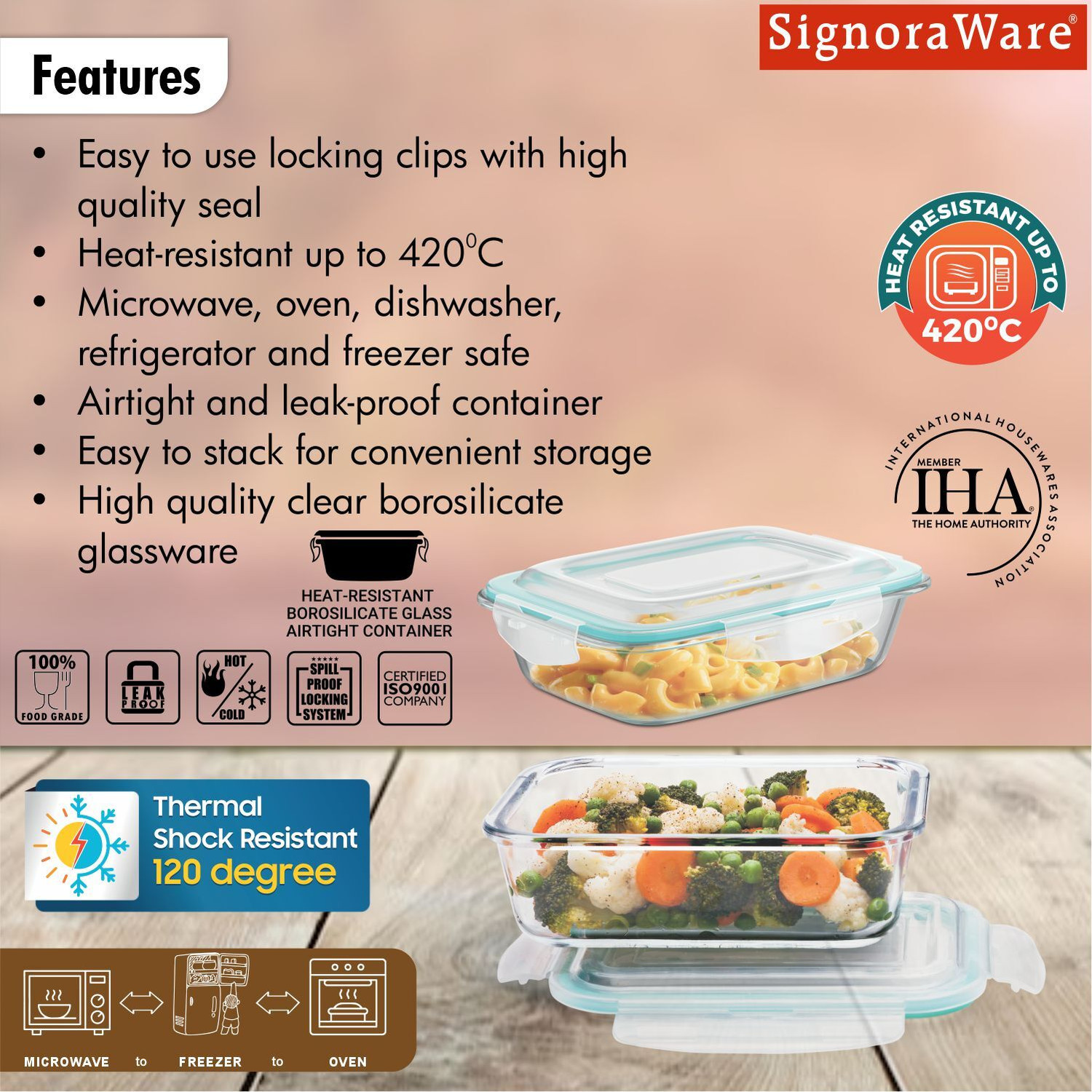Image of Signoraware Lock N Store Rectangular 1 Containers Glass Office Lunch Box