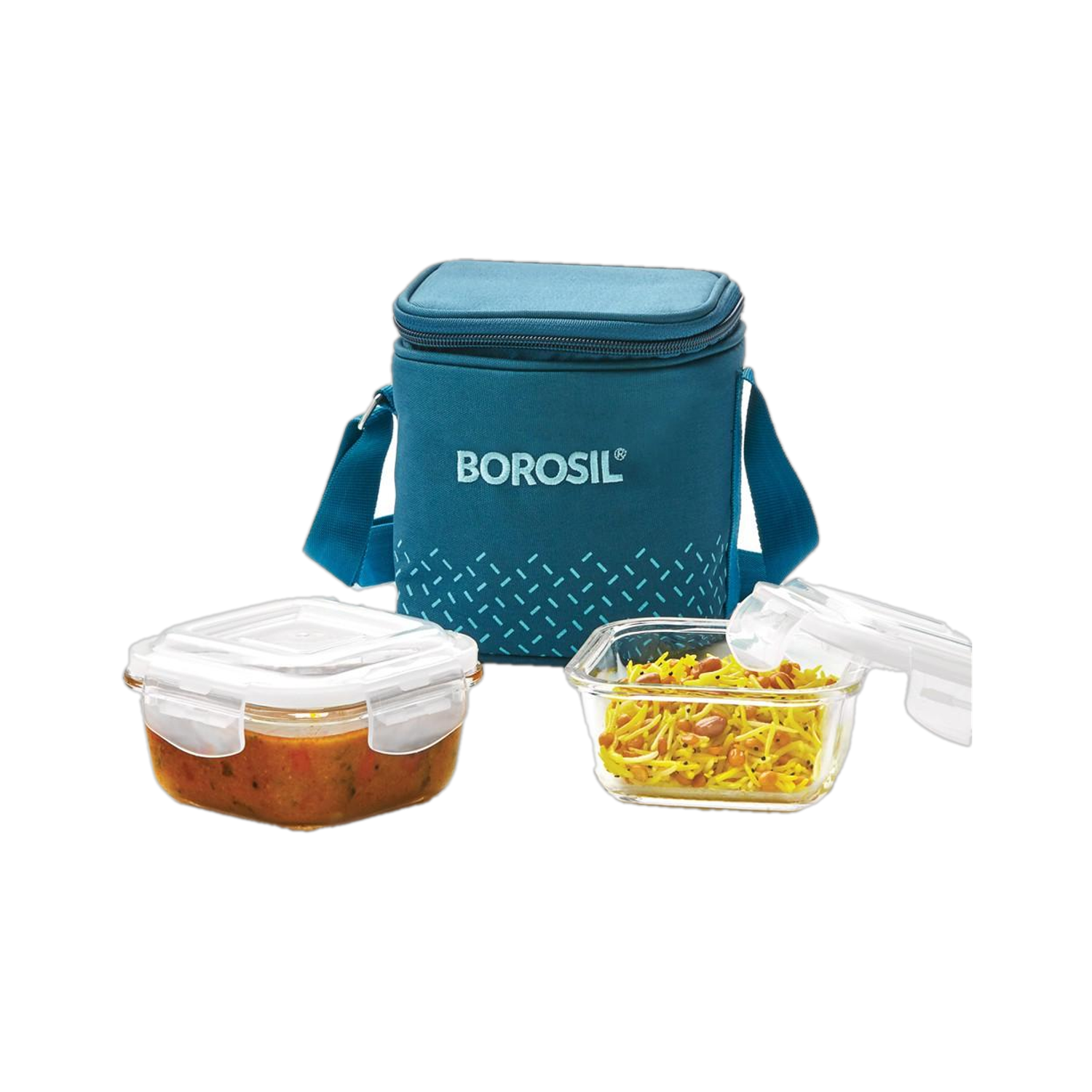BOROSIL Teal Lunch Box with Bag, 2 Pc (320 ml x 2 Square), Vertical Tiifin 2 Containers Glass Office Lunch Box