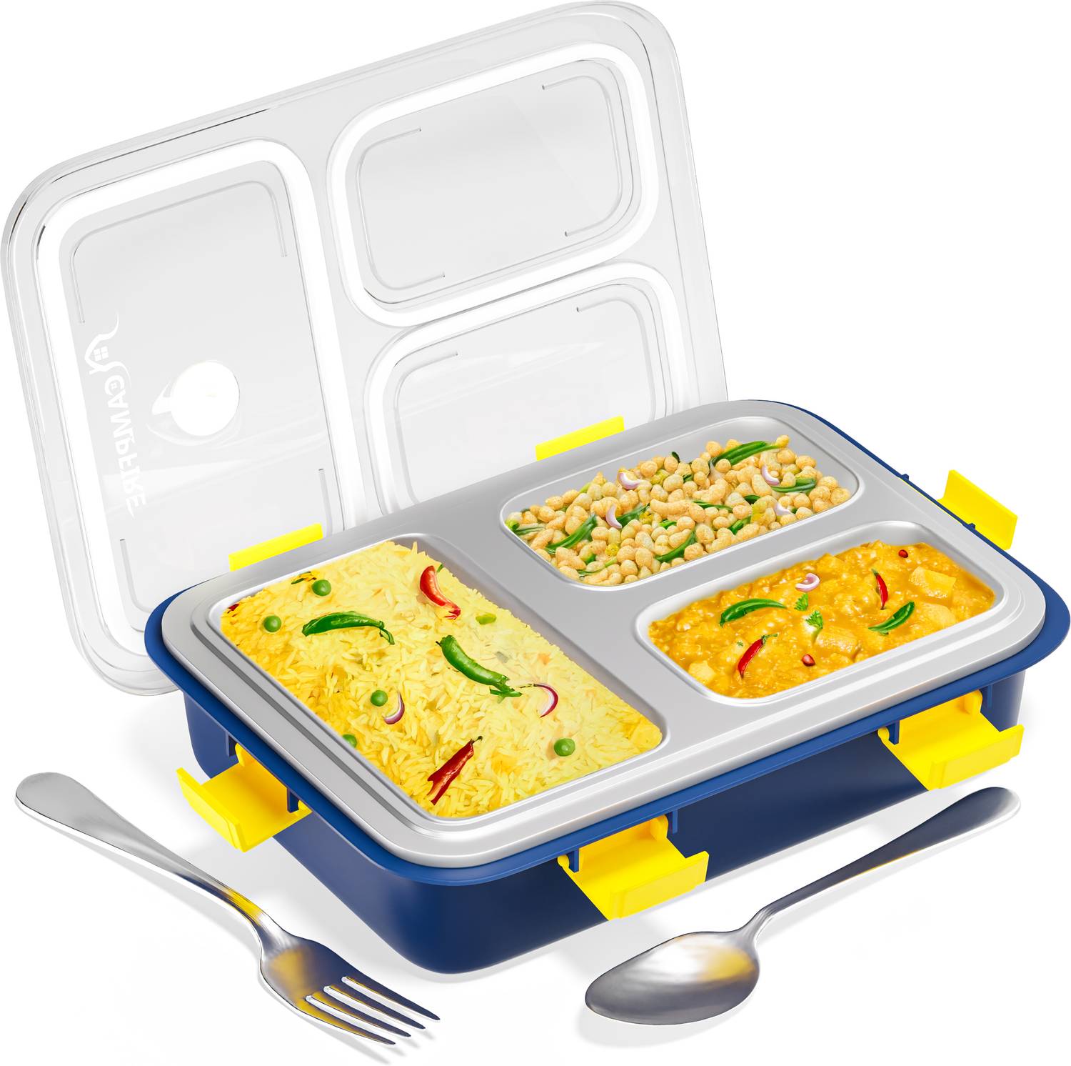Campfire Stainless Steel 3 Compartment 900 ml Blue Lunch Box with Spoon for Kids & Adults 3 Containers Stainless Steel Office Lunch Box