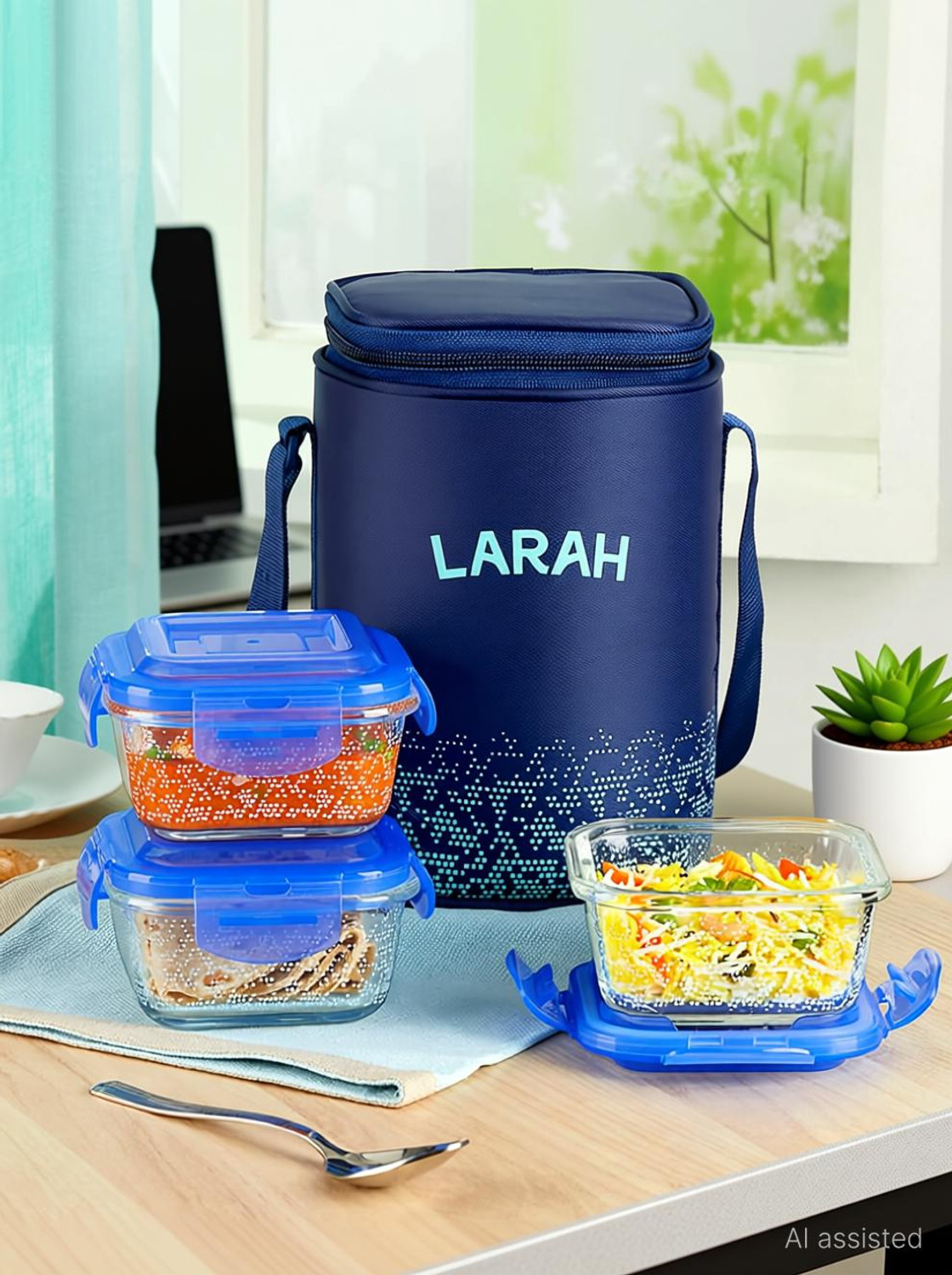 Image of Larah by Borosil Speckle Blue Borosilicate Glass Lunchbox, 3pc Square Set (320ml x 3) Tiffin 3 Containers Glass Office Lunch Box
