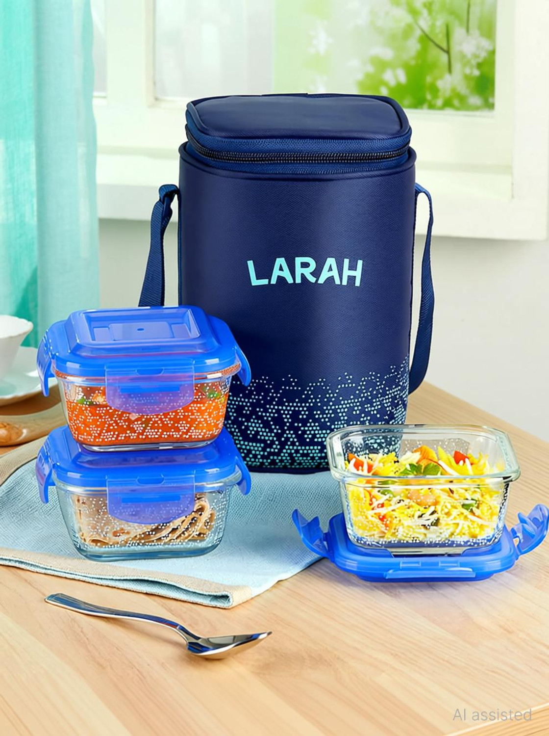 Image of Larah by Borosil Speckle Blue Borosilicate Glass Lunchbox, 3pc Square Set (320ml x 3) Tiffin 3 Containers Glass Office Lunch Box