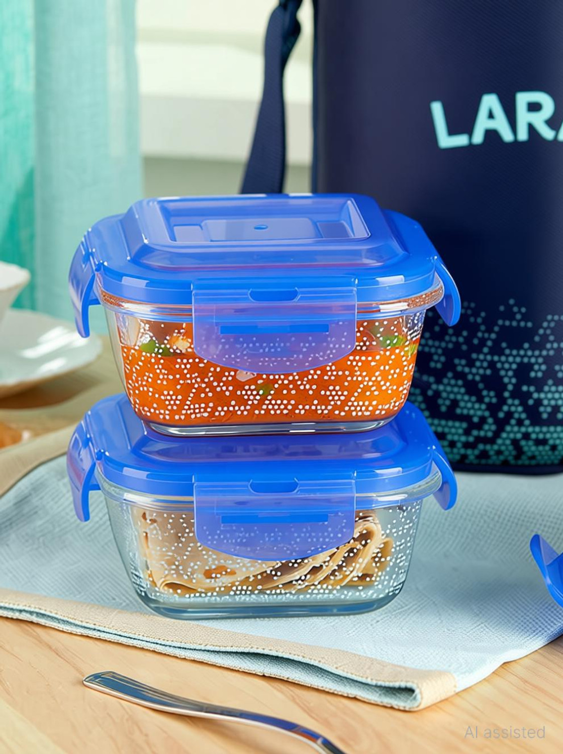 Image of Larah by Borosil Speckle Blue Borosilicate Glass Lunchbox, 3pc Square Set (320ml x 3) Tiffin 3 Containers Glass Office Lunch Box