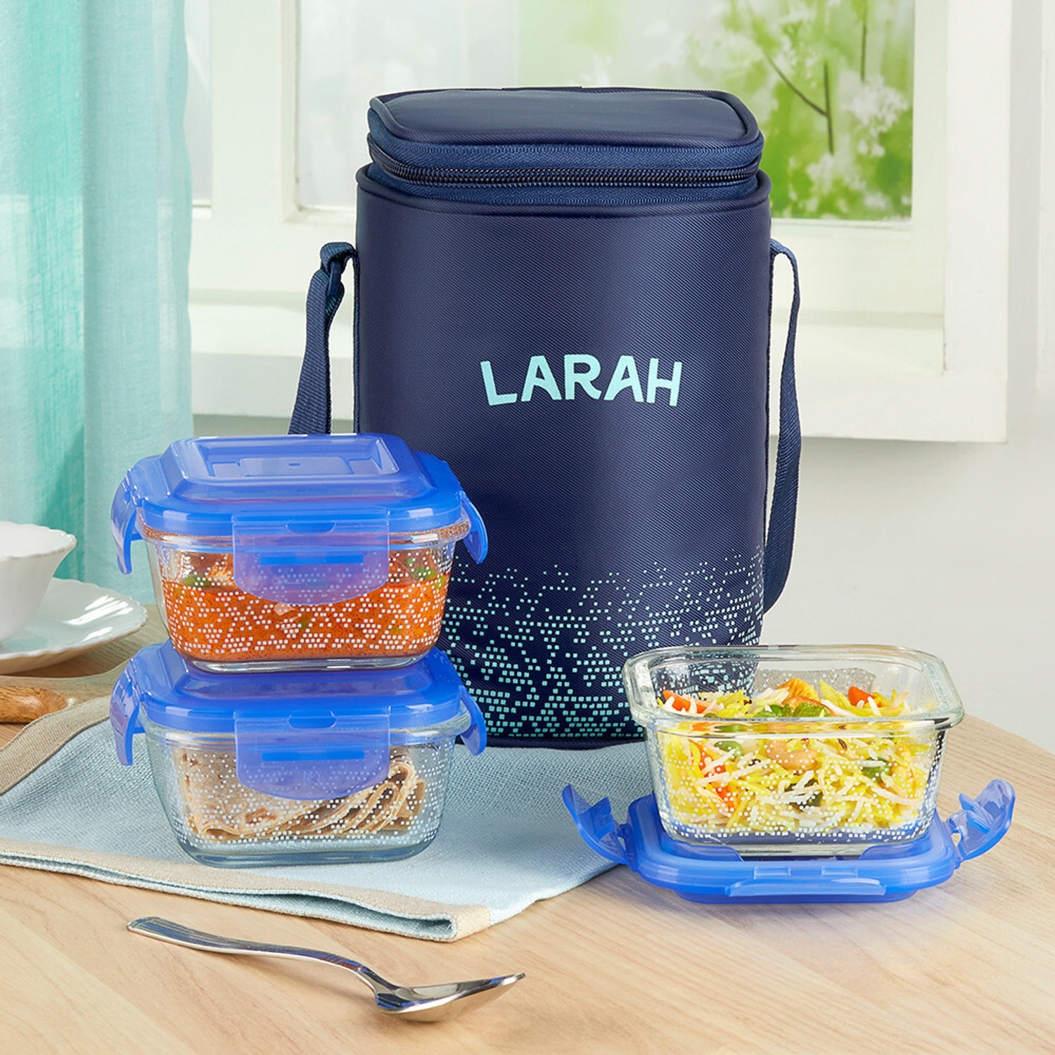 Image of Larah by Borosil Speckle Blue Borosilicate Glass Lunchbox, 3pc Square Set (320ml x 3) Tiffin 3 Containers Glass Office Lunch Box