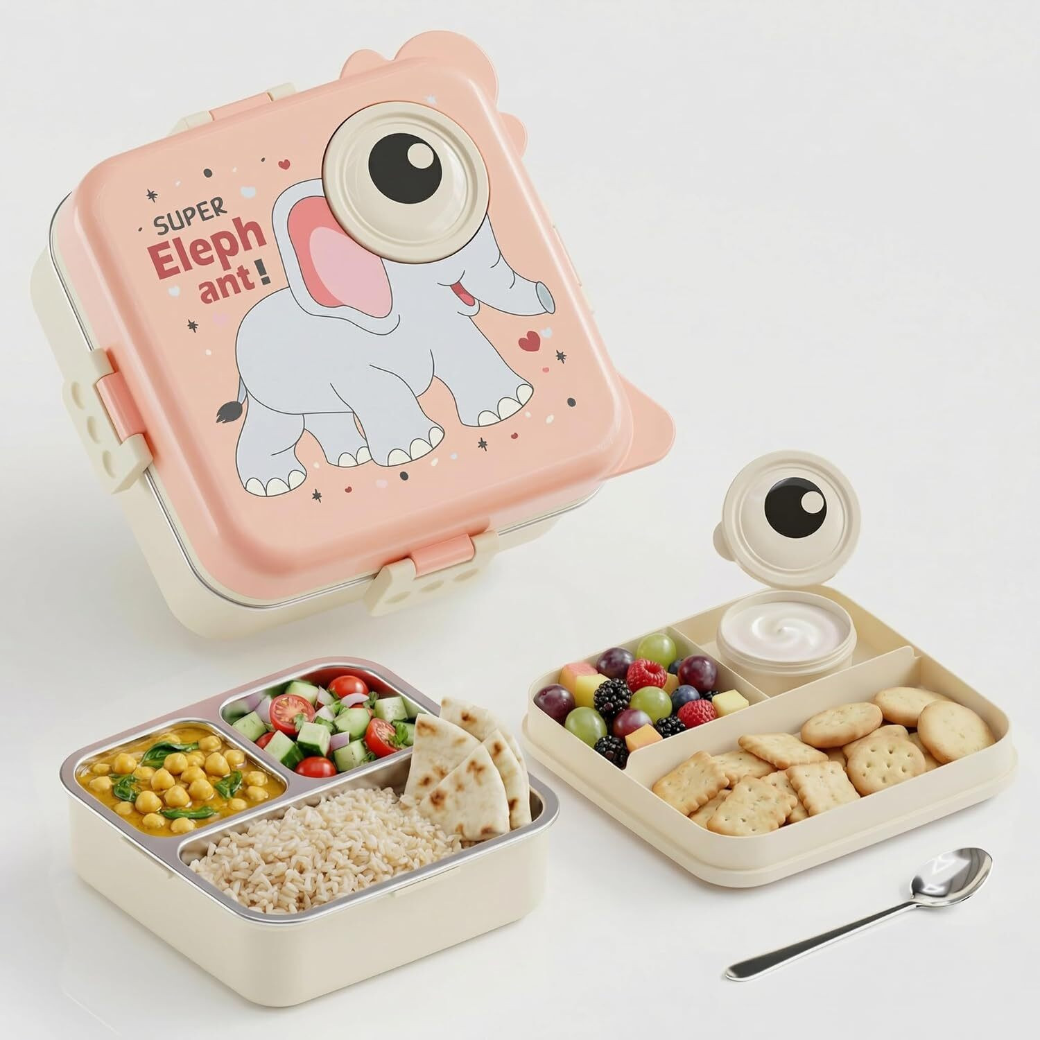 Image of gravity Elephant Shape Stainless Steel 4 Compartment Big Lunch Box 3 Containers Stainless Steel Office Lunch Box