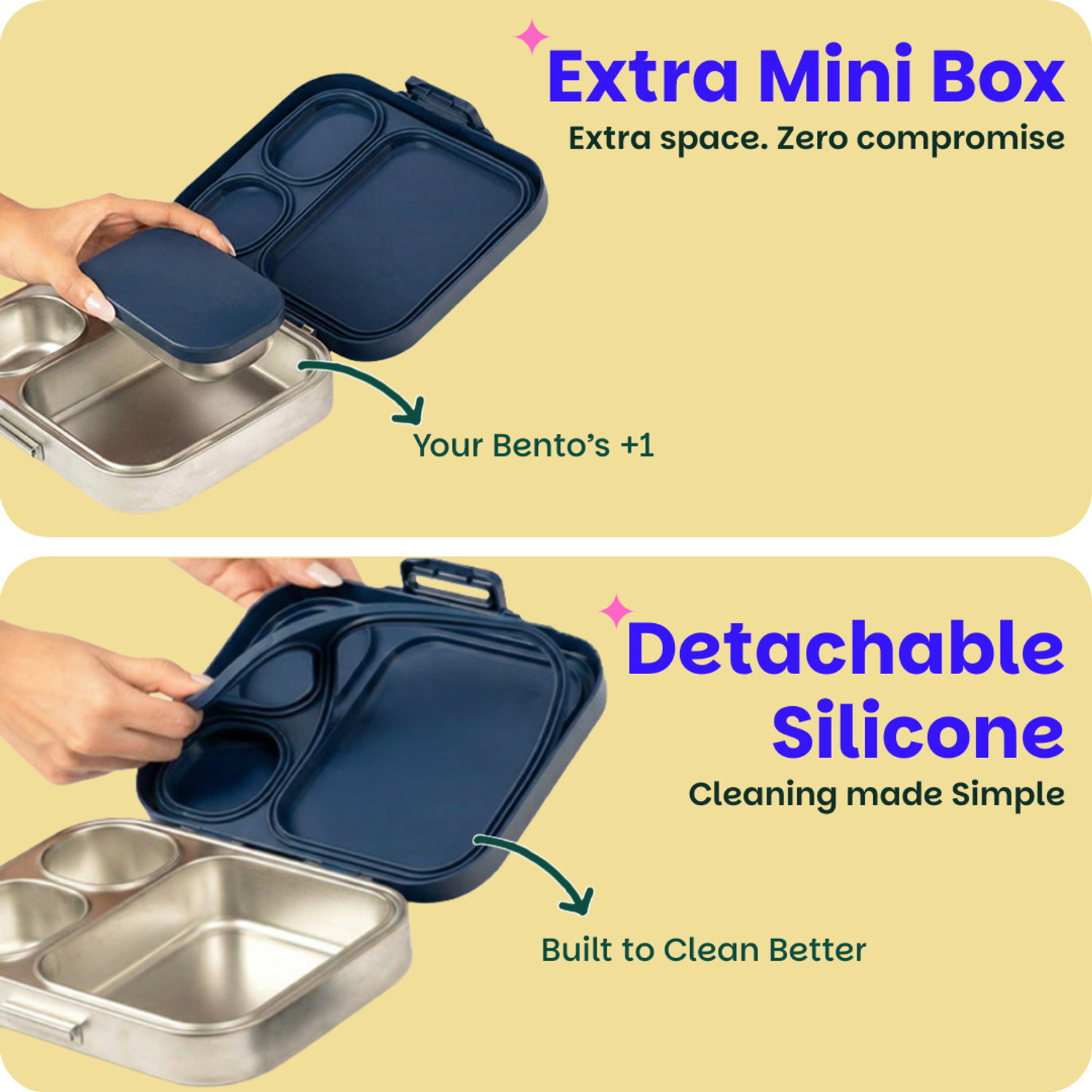 Image of BASIL Quad plus 4-Compartment Stainless Steel Bento Box (1020ml) - Indigo Zen 4 Containers Stainless Steel Office Lunch Box