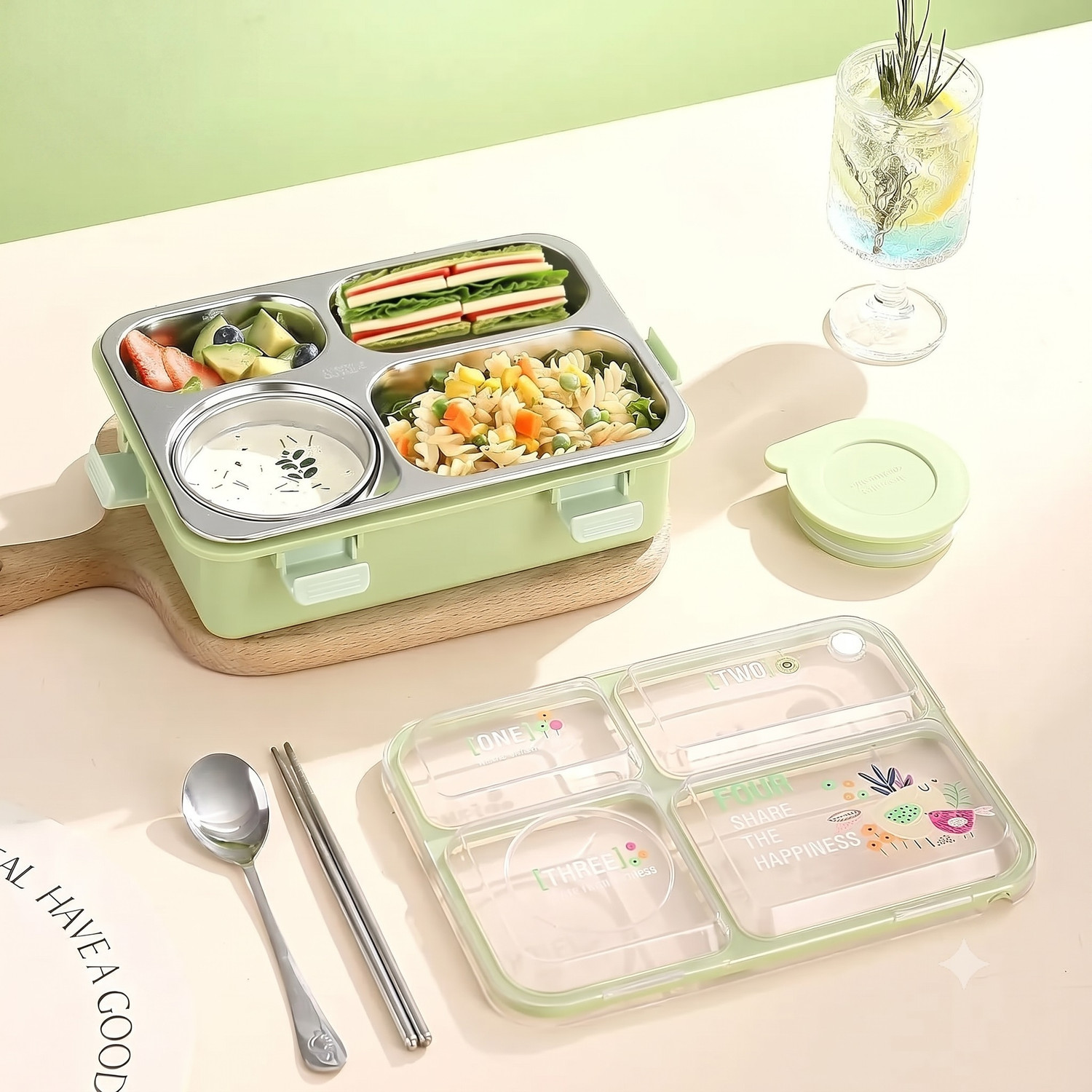 Image of RBGIIT Happiness Bento 4 Section Stainless Steel Lunch Box With Spoon & Chopsticks 4 Containers Stainless Steel Office Lunch Box