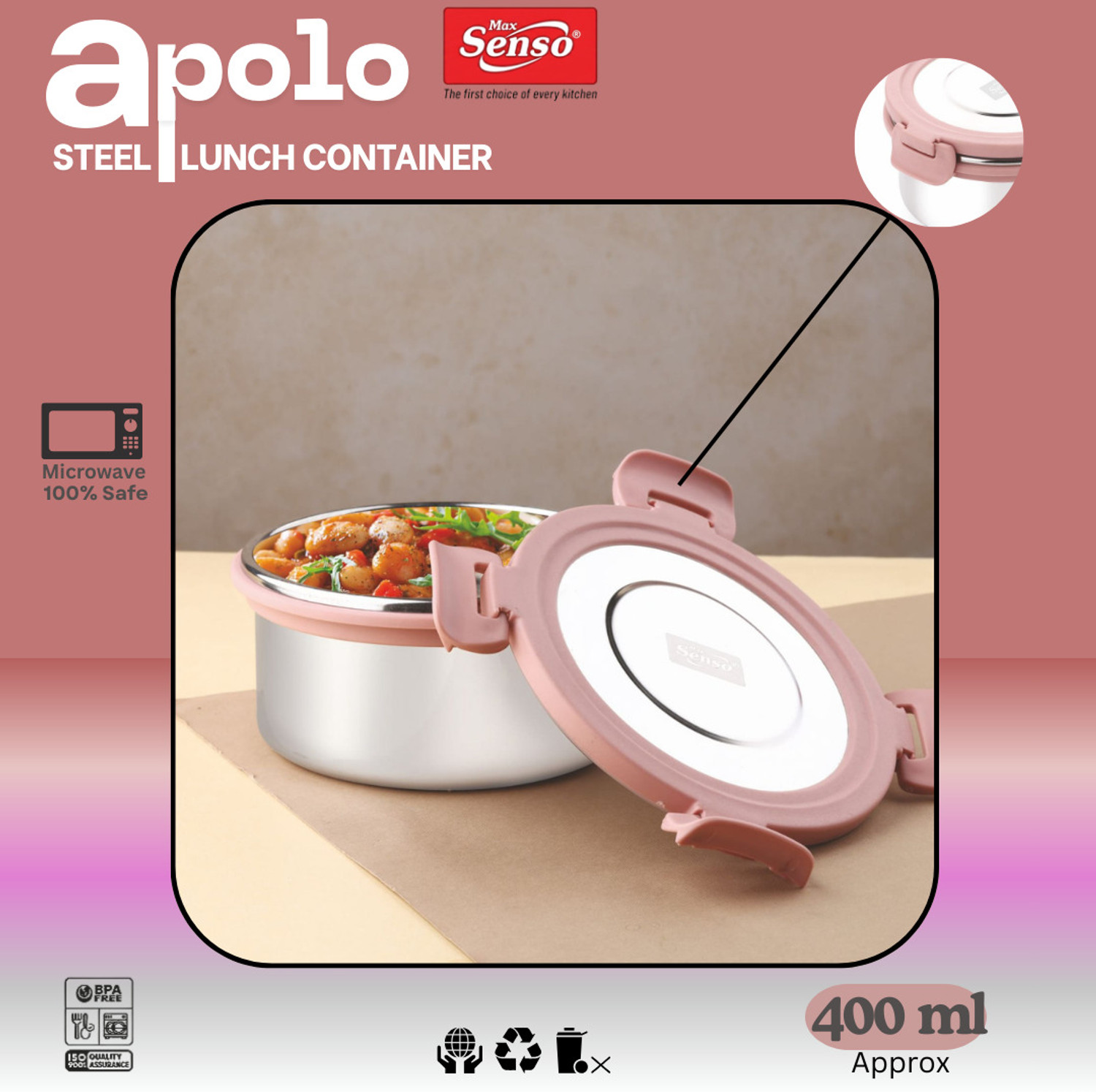 Image of Max Senso Apolo Stainless Steel Lunch Box Pack of 2 with Airtight & Leak Proof Containers 4 Containers Stainless Steel, Plastic Office Lunch Box