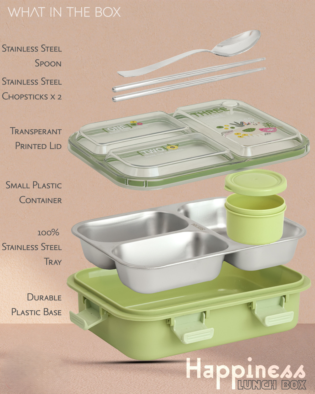 Image of Boxito HAPPINESS 3 Containers Stainless Steel School Lunch Box