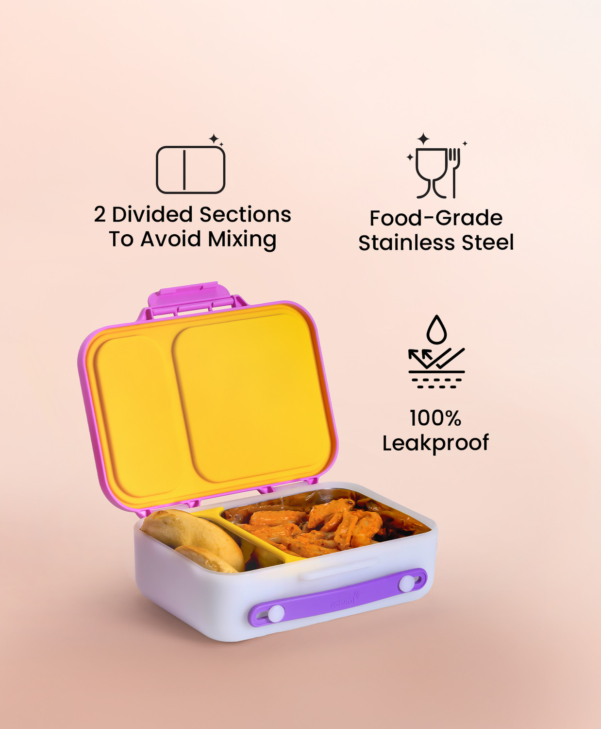Image of Rabitat Munchbee Steel Divided Lunch Box for School - Chatter Box 1 Containers Stainless Steel School Lunch Box