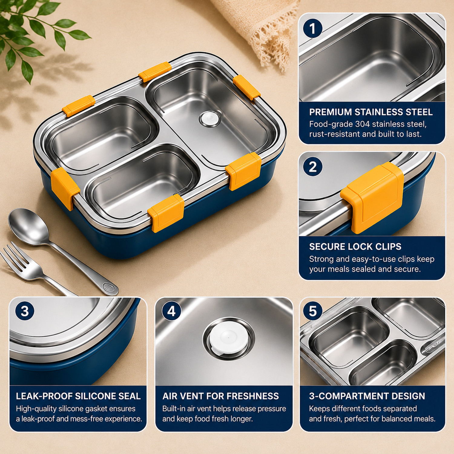Image of Divea Premium 3 Compartment Stainless Steel Lunch Box with Spoon & Fork | Leak-Proof 3 Containers Stainless Steel School Lunch Box
