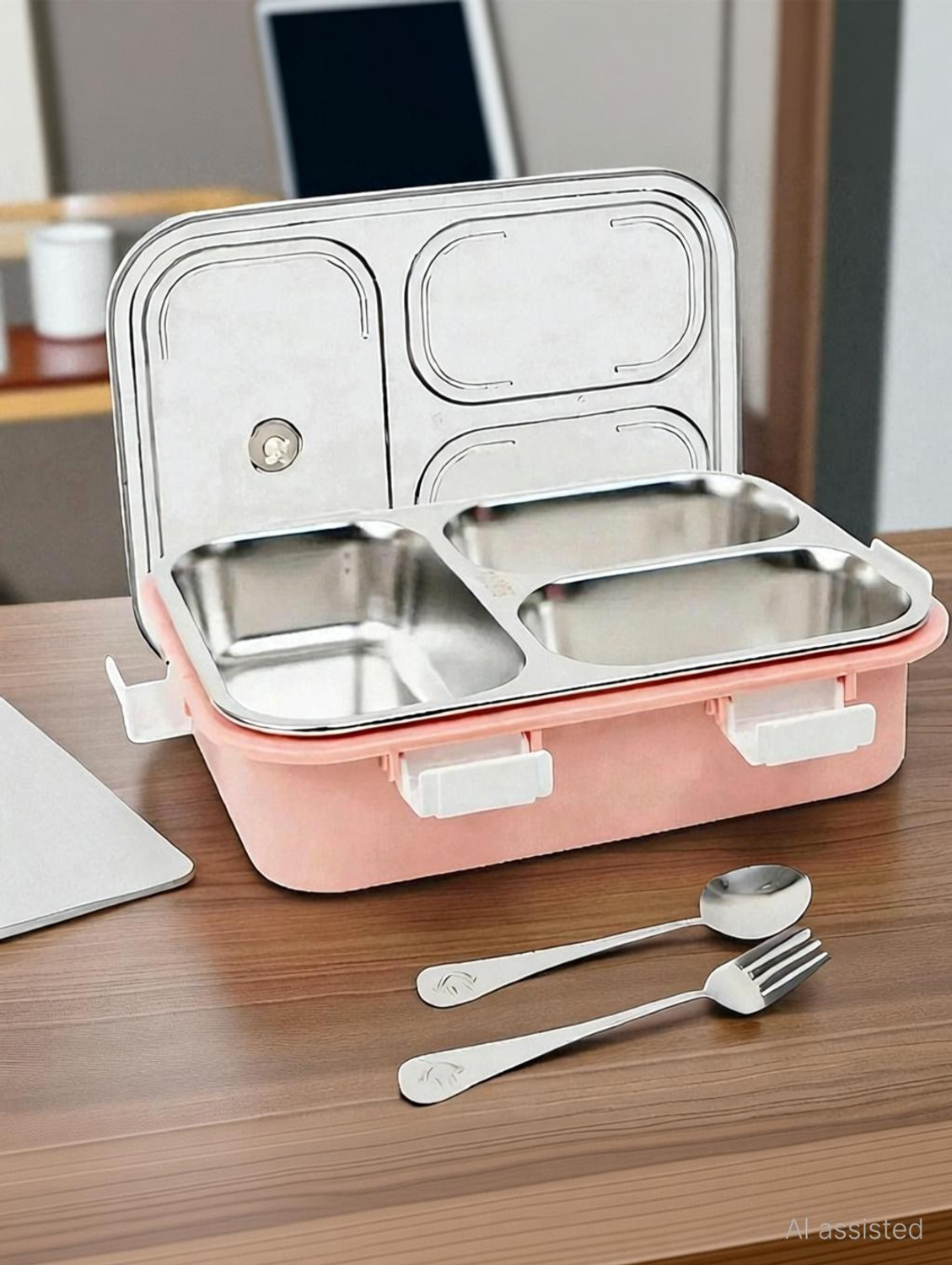 Image of Colorbee Vibrant Patterned 750 ml Stainless Steel Lunch Box with Airtight Compartments 3 Containers Stainless Steel Office Lunch Box
