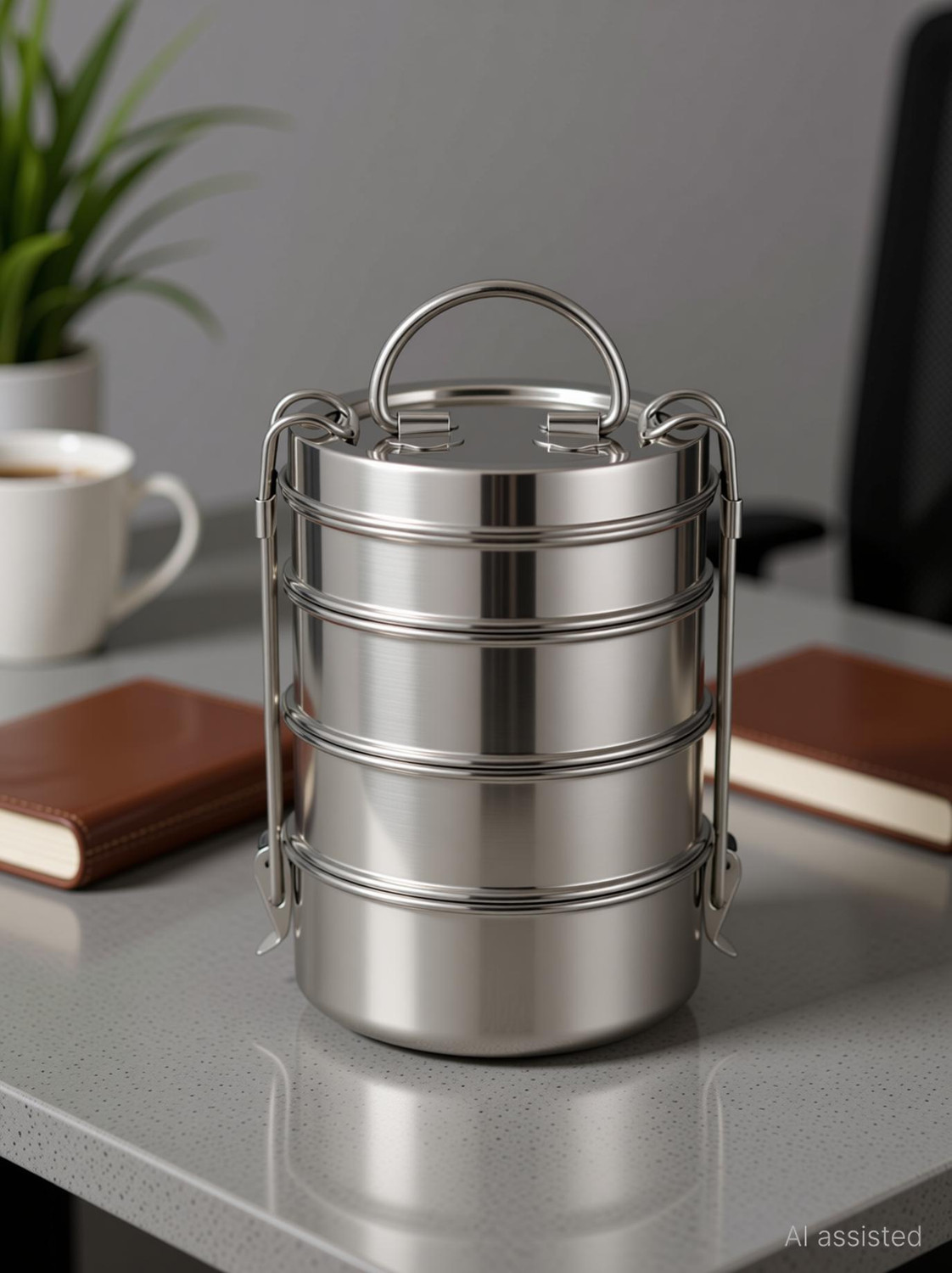 Image of IDEAL PRIME Leak Proof Stainless Steel 4 Compartment Clip Lock Lunch Box 2000 ml 4 Containers Stainless Steel Office Lunch Box