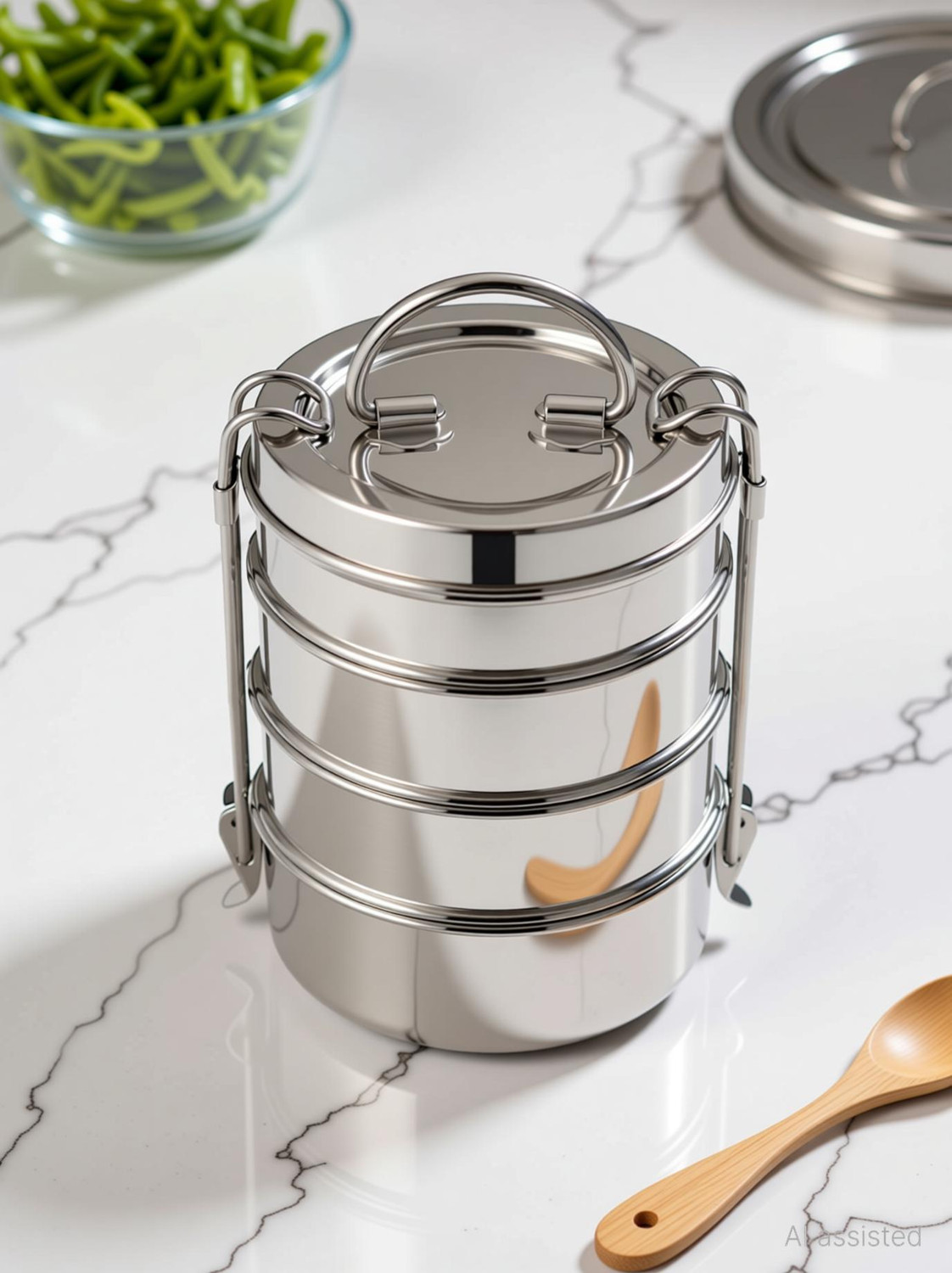 Image of IDEAL PRIME Leak Proof Stainless Steel 4 Compartment Clip Lock Lunch Box 2000 ml 4 Containers Stainless Steel Office Lunch Box