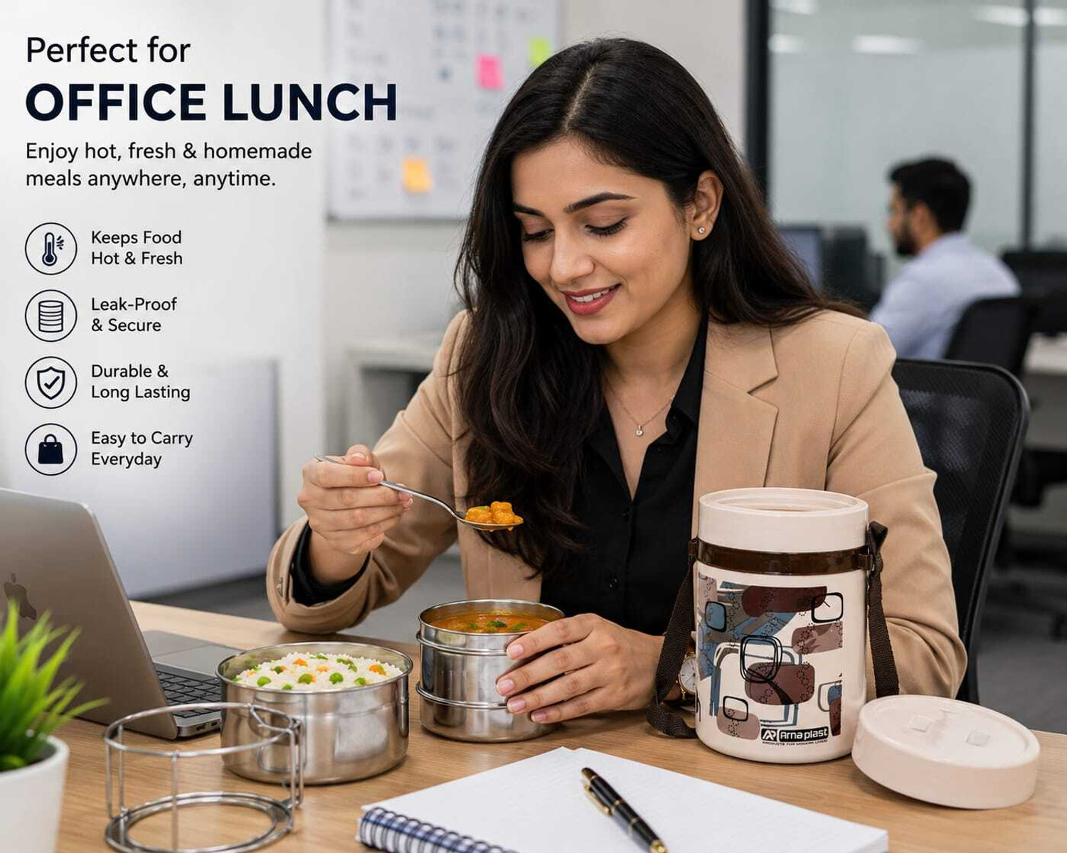 Image of PRDENTERPRISES 3 Layer Stainless Steel Lunch Box with Insulated Outer Container & Carry Strap 3 Containers Stainless Steel Office Lunch Box