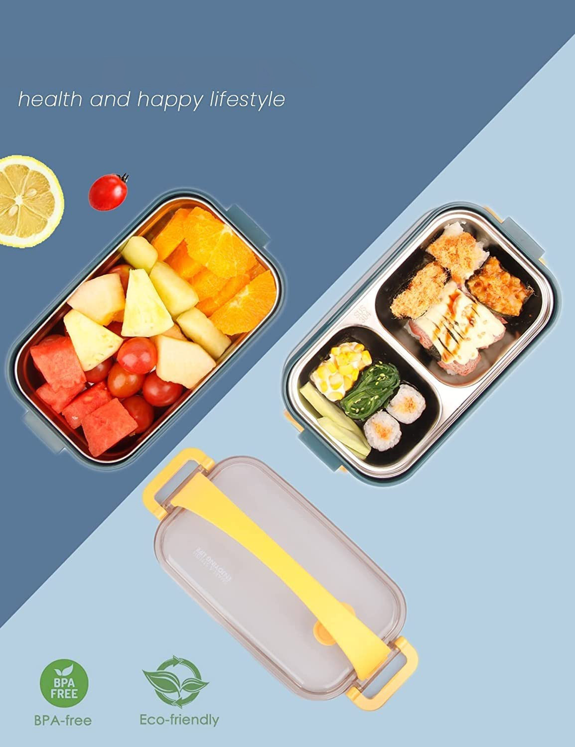 Image of UniKart Bento Lunch Box,2 Stackable Containers Leak-Proof for Office, School, Picnic 3 Containers Stainless Steel, Polypropylene Office Lunch Box