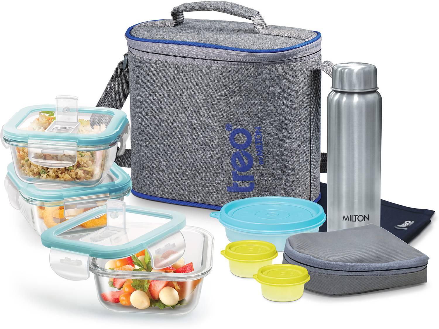 TREO All Fresh Premier Square 3 container,Bottle,2 Chutney Dabba,1 Salad Box & 1 Mat 8 Containers Glass Office Lunch Box