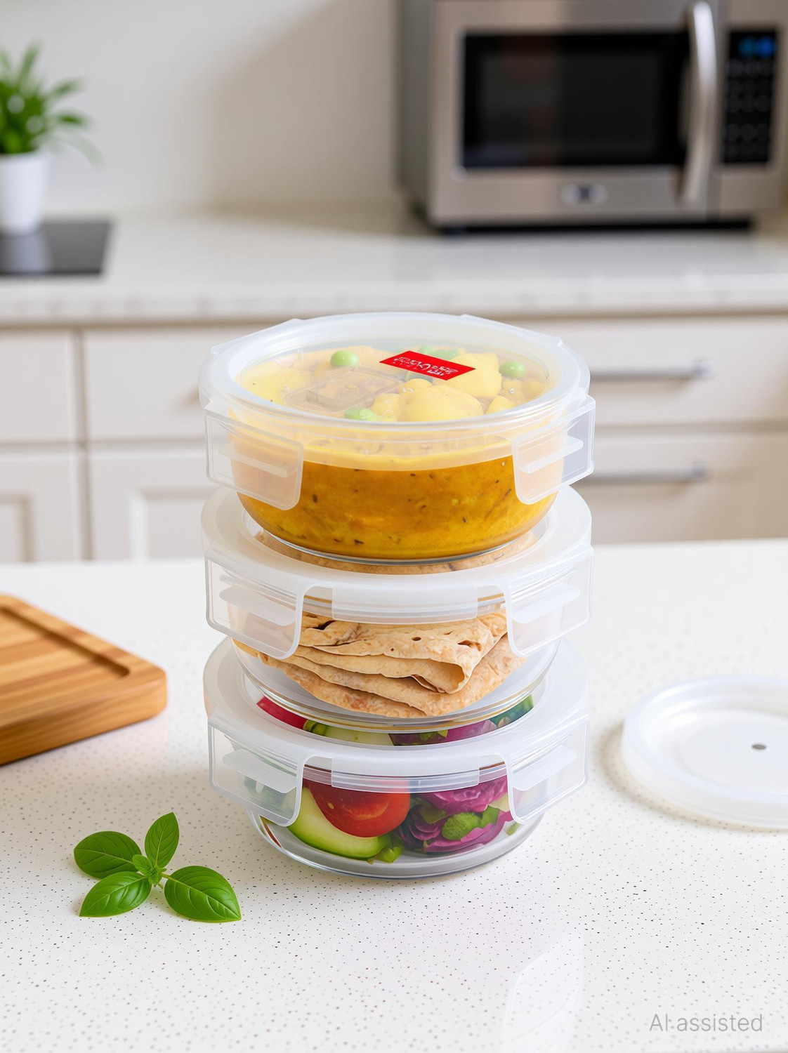 Image of Classic Essentials Round Glass Microwave Safe Borosilicate 3 Containers Glass Office Lunch Box