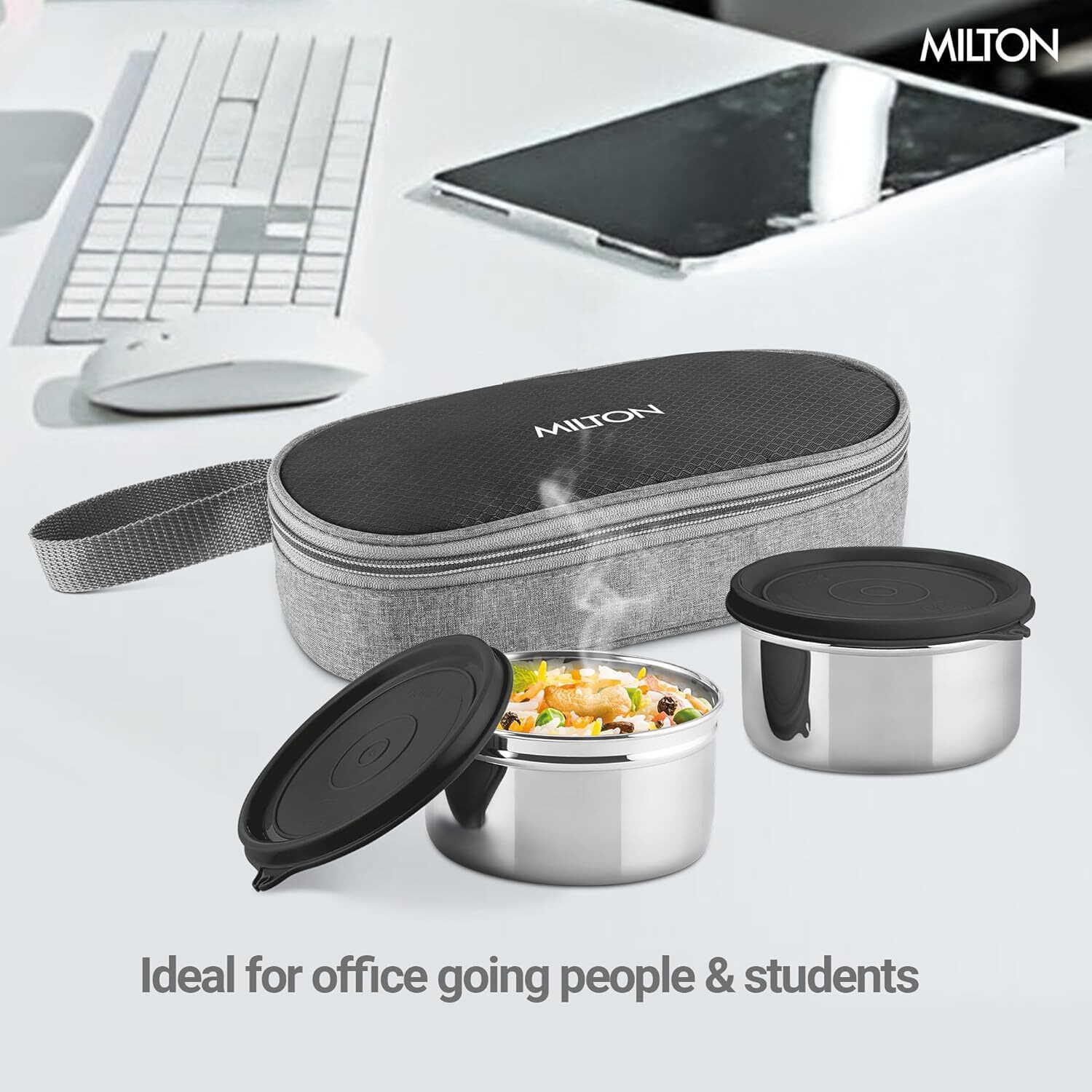 Image of MILTON Plato Pack Small Stainless Steel Lunch Box (2 X 340 ml containers) with Jacket | 2 Containers Stainless Steel Office Lunch Box