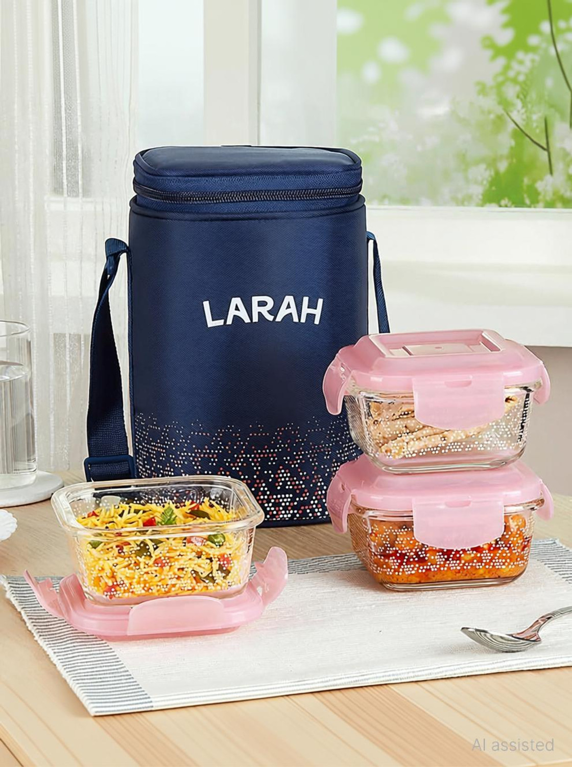 Image of Larah by Borosil Speckle Pink Borosilicate Glass Lunchbox, 3pc Square Set (320ml x 3) Tiffin 3 Containers Glass Office Lunch Box
