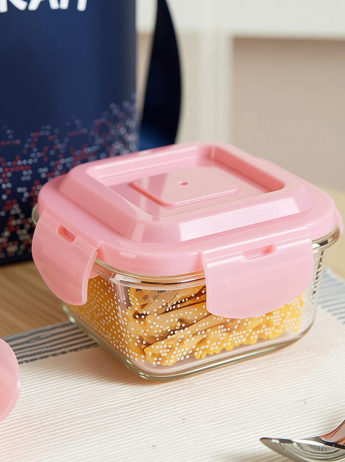 Image of Larah by Borosil Speckle Pink Borosilicate Glass Lunchbox, 3pc Square Set (320ml x 3) Tiffin 3 Containers Glass Office Lunch Box