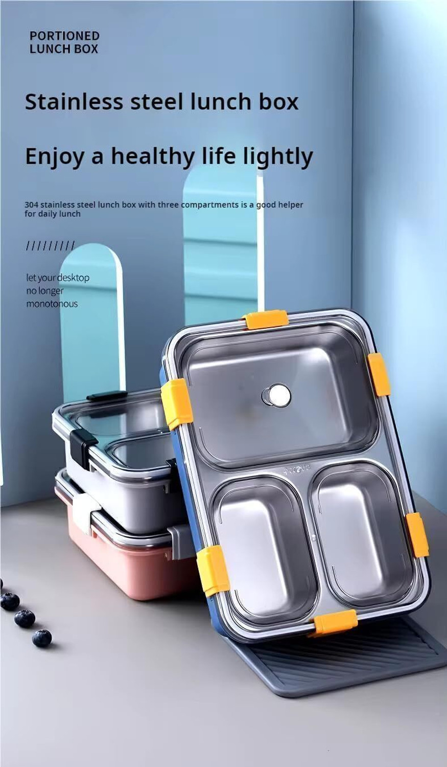 Image of SmartKids Kids Stainless Steel Lunch Box with 3 Compartments Leakproof School Tiffin 3 Containers Stainless Steel School Lunch Box
