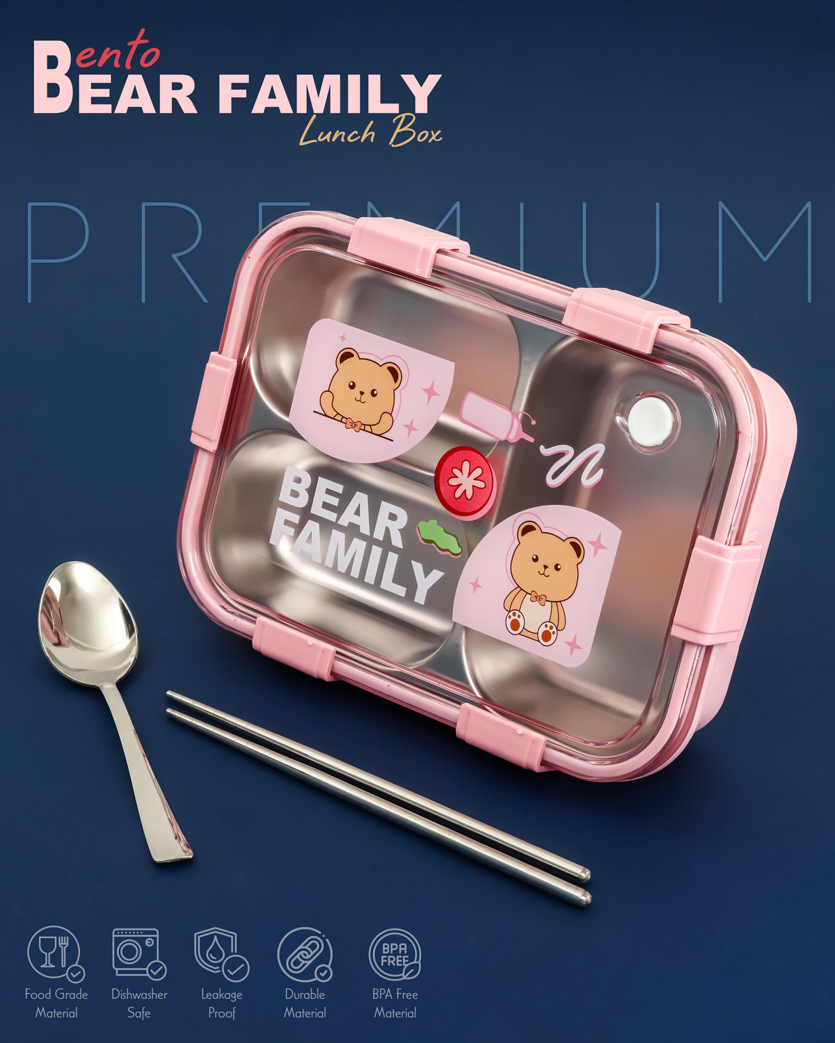 Image of Boxito Bear Family Steel Lunch Box 3 Containers Stainless Steel, Plastic, Silicone School Lunch Box