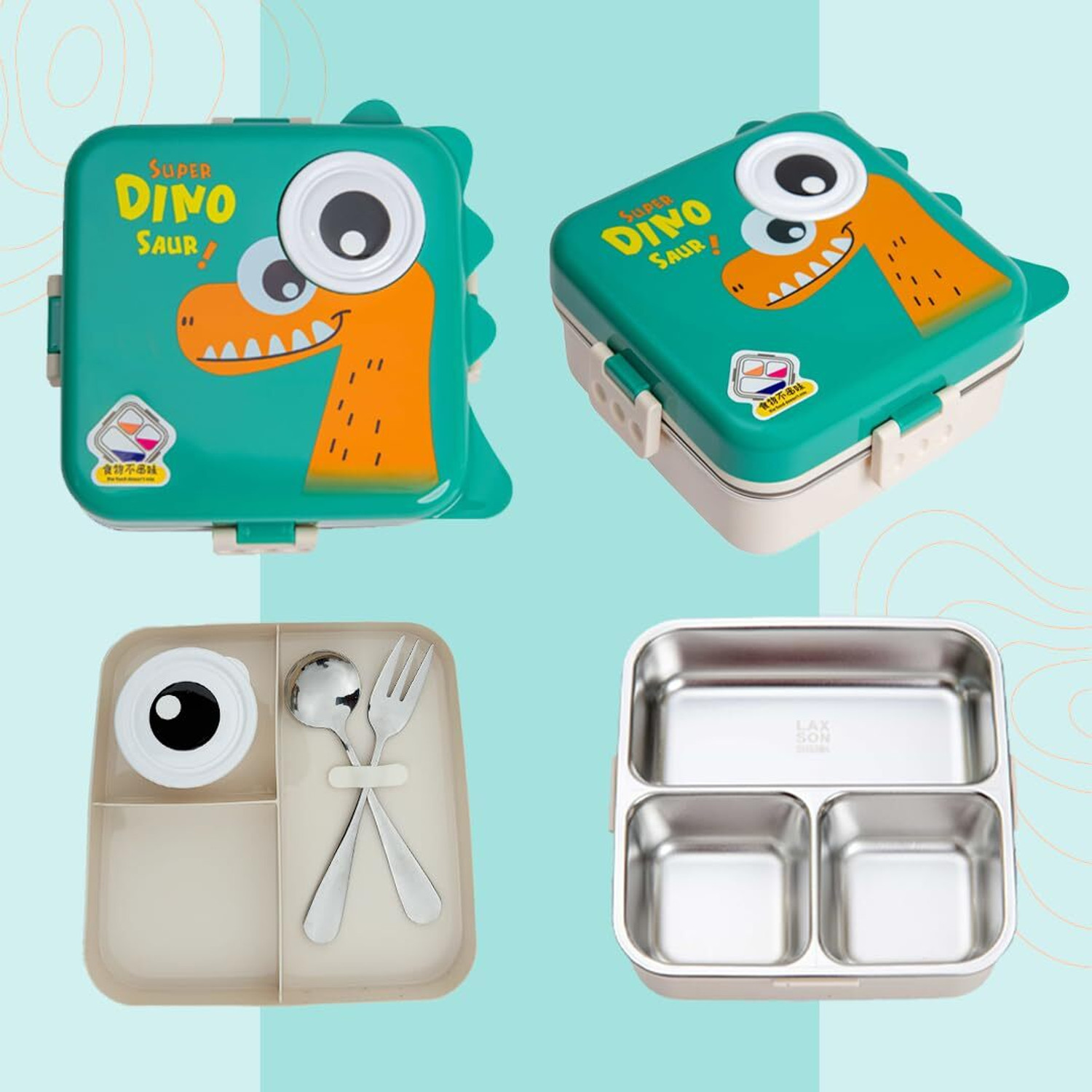 Image of FLOWN ENTERPRISE Super Dino Lunch Box 2 Layer Stainless Steel 6 Containers Plastic School Lunch Box