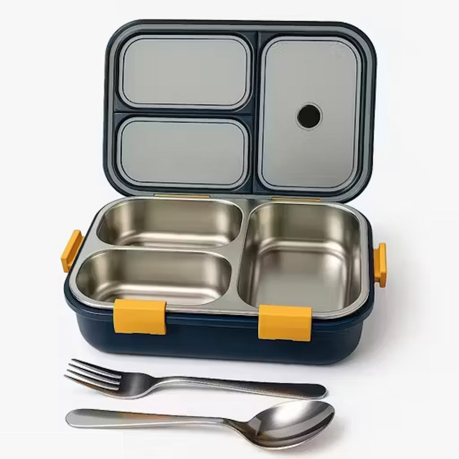 Image of Divea Premium 3 Compartment Stainless Steel Lunch Box with Spoon & Fork | Leak-Proof 3 Containers Stainless Steel School Lunch Box