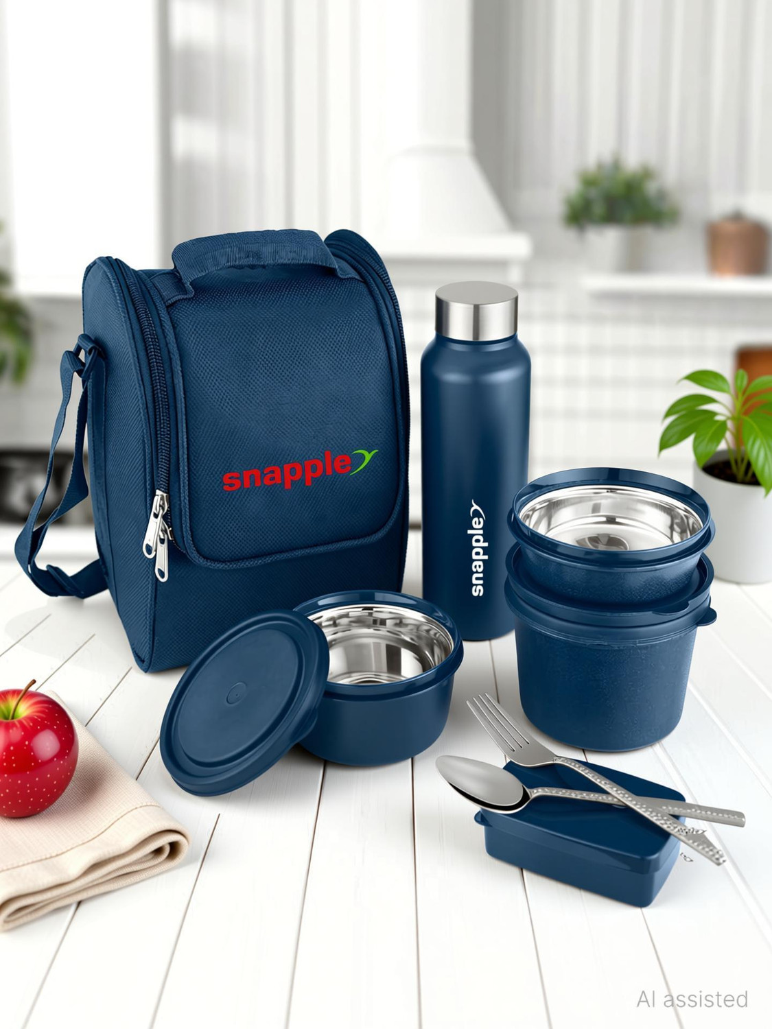 Image of Snapple Classo Lunch Box Set with Bottle, Bag & Cutlery 4 Containers Stainless Steel Office Lunch Box