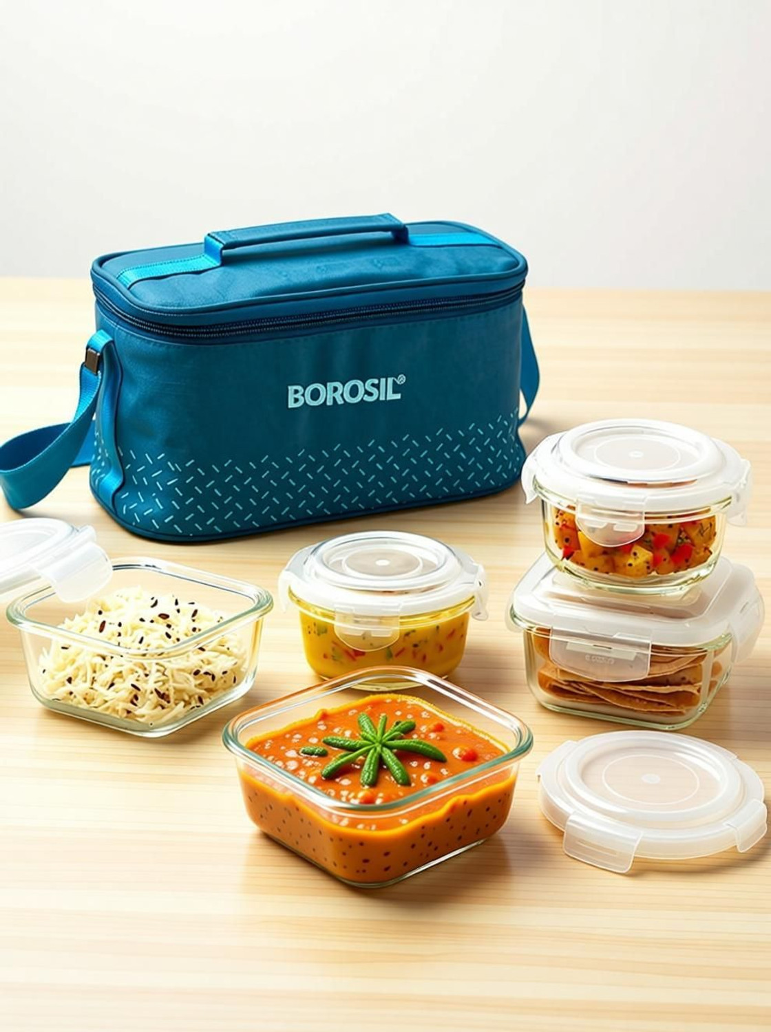 Image of BOROSIL Teal Universal Bag, 4 Pc (320ml x 2 Square + 240ml x 2 Round) Office Tiifin 4 Containers Glass Office Lunch Box (1120 ml)