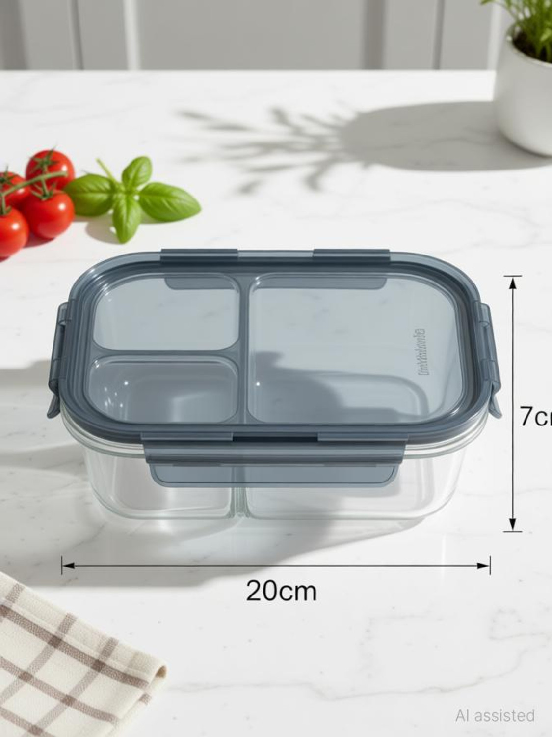Image of Tap2kaart 3-Compartment Glass Lunch Box With Leak Proof Airtight Lid (Transparent,1PCS) 1 Containers Glass Office Lunch Box