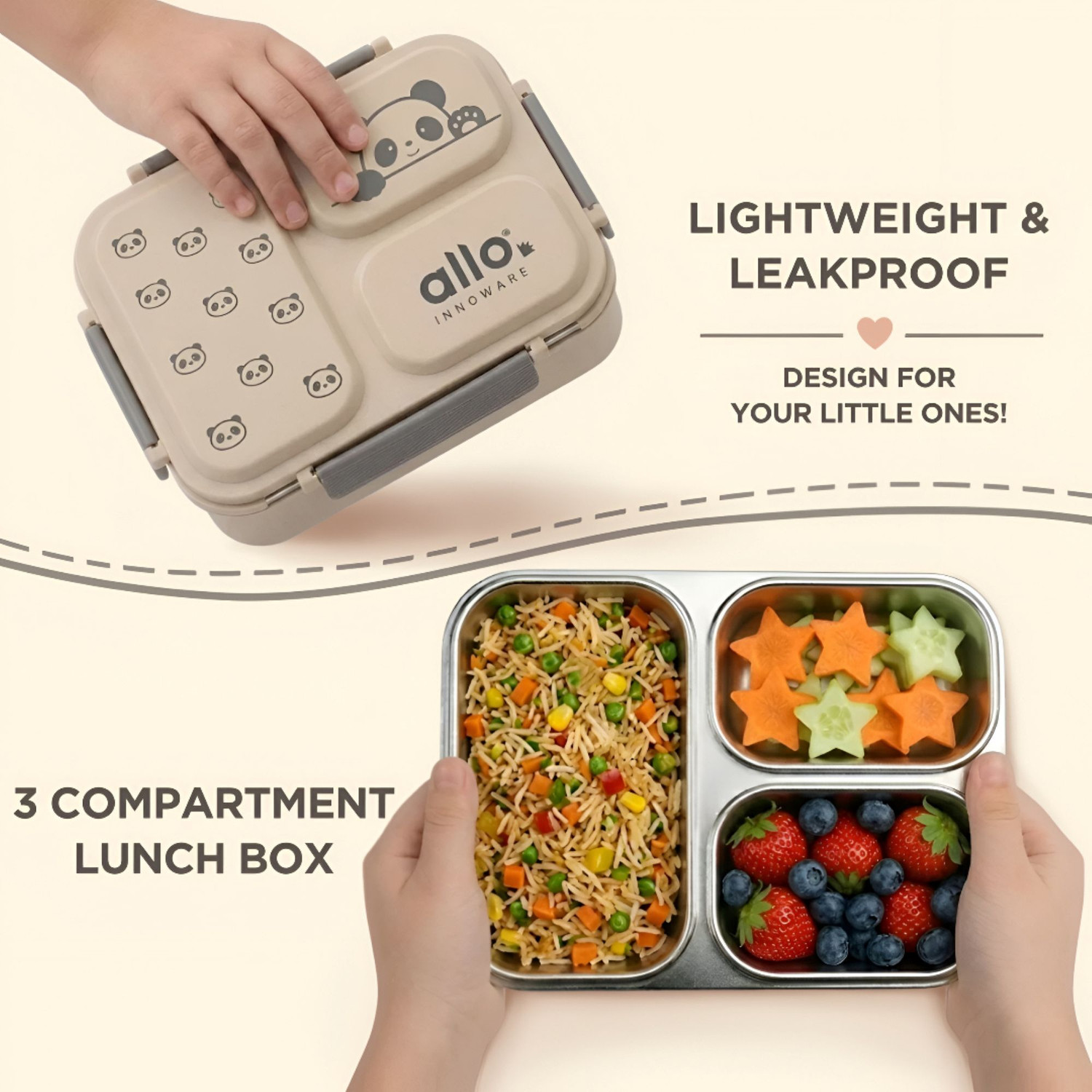 Image of Allo Bento Stainless Steel Lunch Box for Kids BIS Approved, 3 Compartment Leakproof 1 Containers Stainless Steel School Lunch Box
