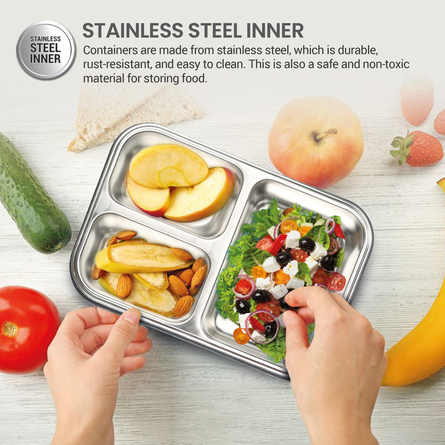 Image of MILTON Meal Safe 3 Inner Stainless Steel Lunch Box, Leak-Proof, 630ml, Navy Blue 3 Containers Plastic School Lunch Box