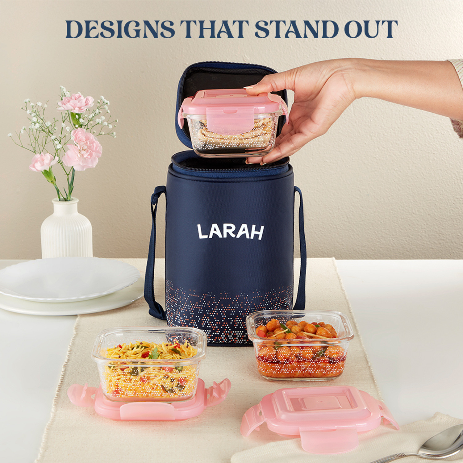Image of Larah by Borosil Speckle Pink Borosilicate Glass Lunchbox, 3pc Square Set (320ml x 3) Tiffin 3 Containers Glass Office Lunch Box
