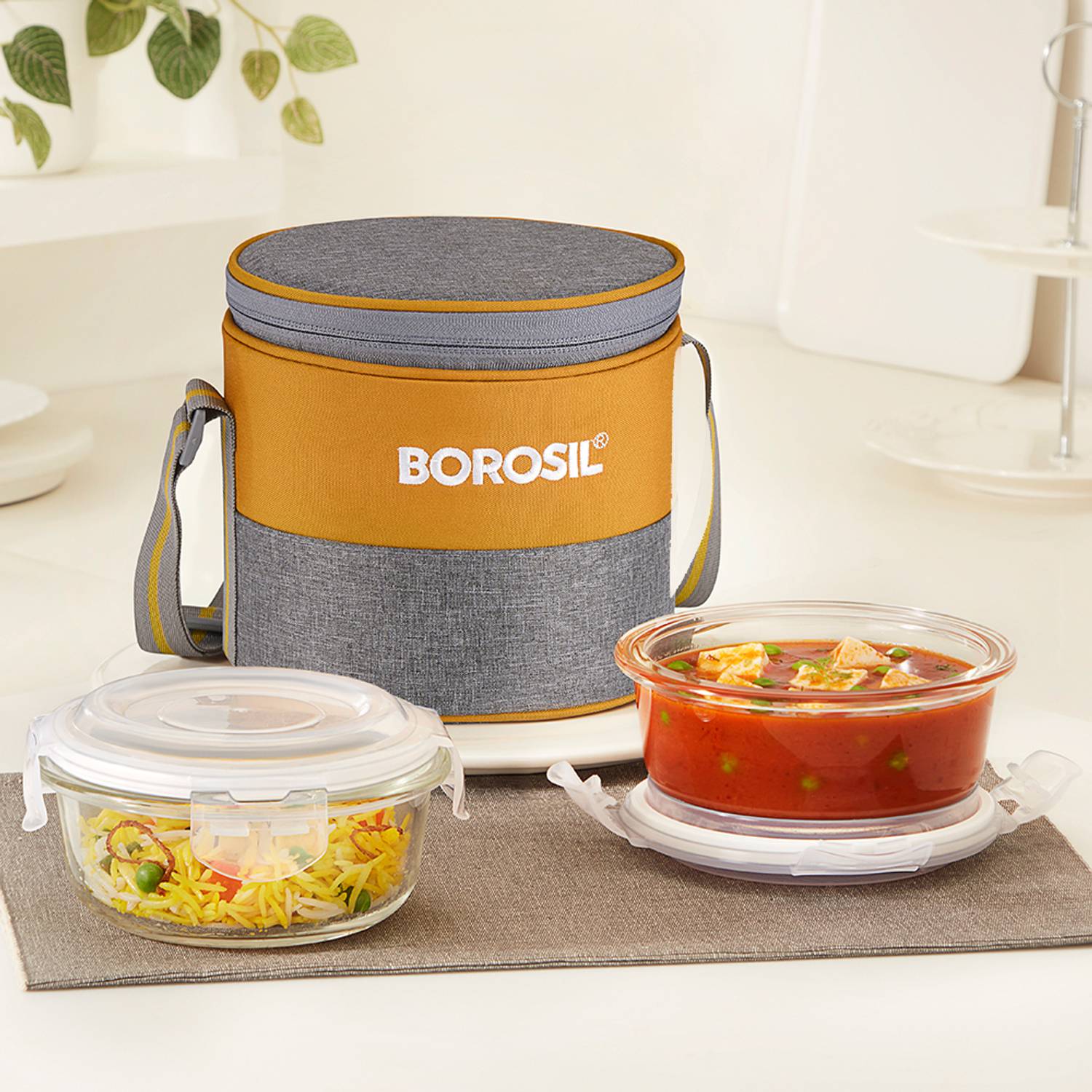 BOROSIL Zest Borosilicate Glass Lunchbox, 2 pc Round Set (400 ml Each), Vertical Tiffin 2 Containers Glass Office Lunch Box