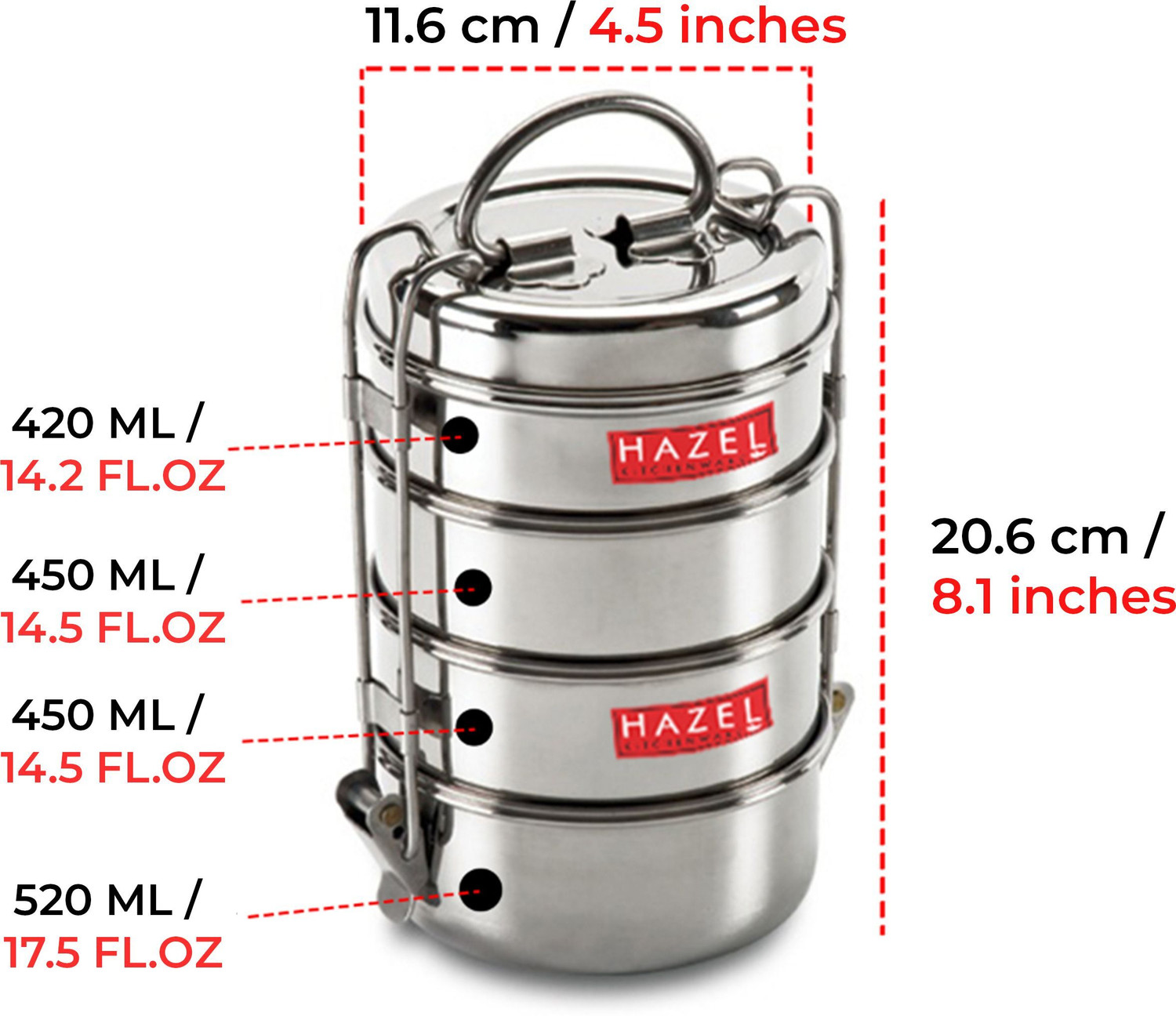 Image of HAZEL Traditional Design Stainless Steel 4 Containers Stainless Steel Office Lunch Box
